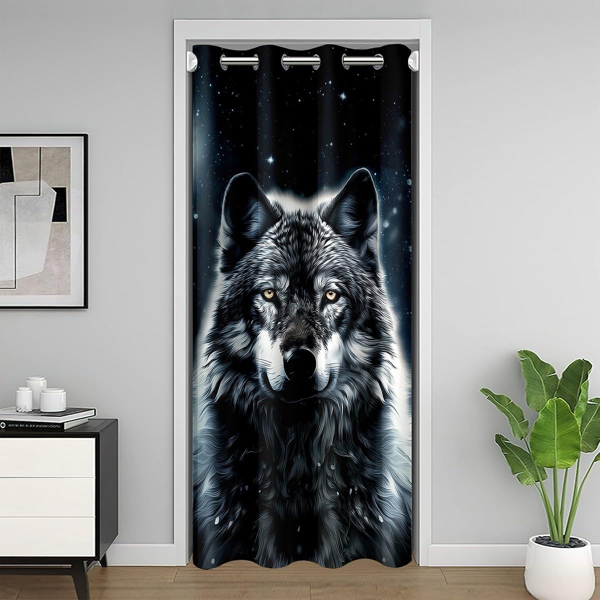 Wolf Printed Door Curtain 34" W X 80" L Glitter Moon Starry Galaxy Dreamy Doorway Curtain Privacy for Kids Teens Adults Abstract Watercolor Wild Jungle Animal Curtain Drape for Bedroom Doors Windows