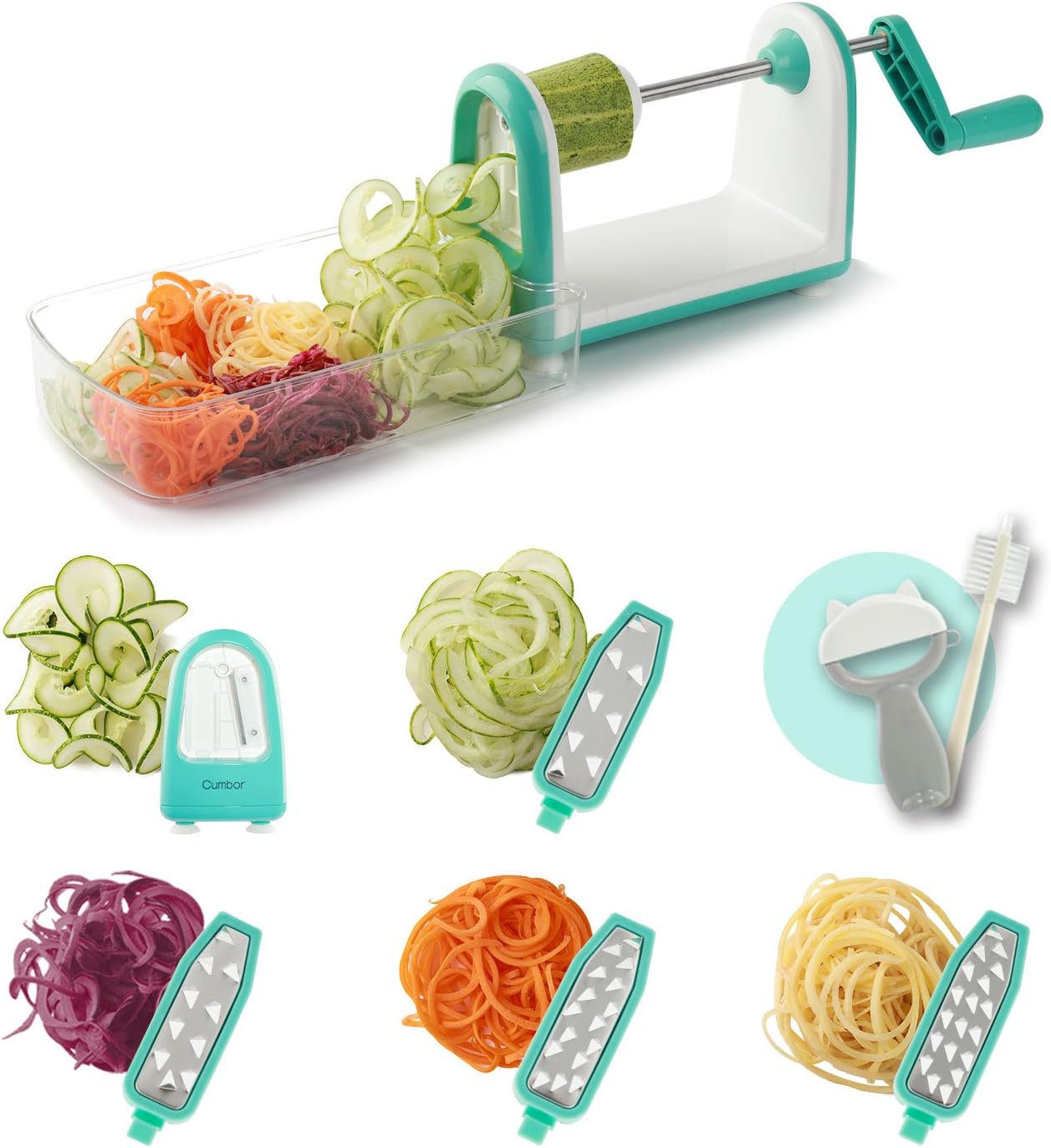 Spiralizer Vegetable Slicer, Cumbor 5 Blade Vegetable Spiralizer 6 into 1 Spiral Slicer with Cleaning Brush,Kitchen Peeler, Veggie Pasta Spaghetti Maker for Low Carb/Paleo/Gluten-Free Meals