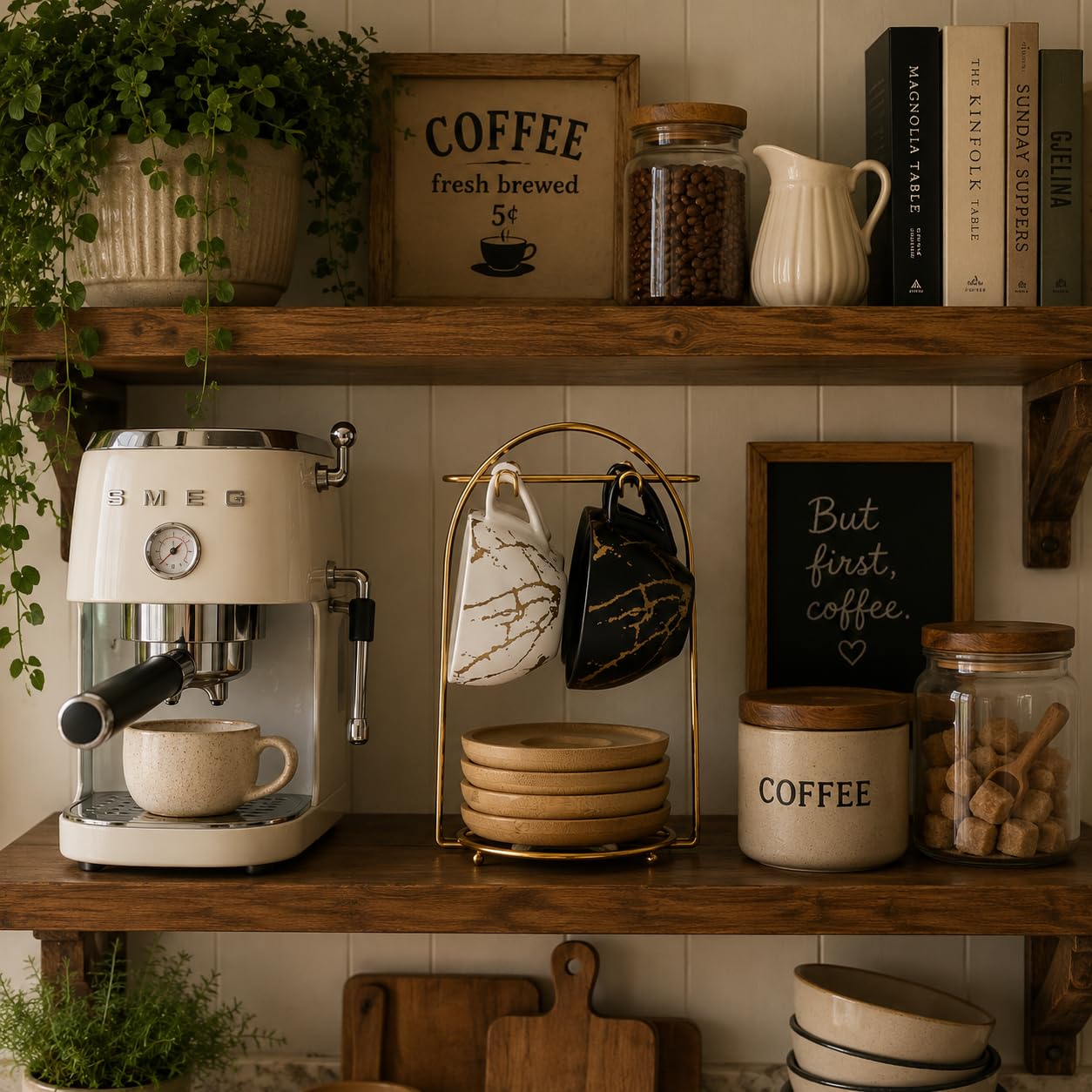 LUKA Demitasse Espressotassen aus Keramik, Set mit Untertassen und Metallständer, 237 ml, stapelbare Cappuccinotassen, Teetasse für Tee, Espresso, Latte, Kaffee, Café, Mokka, 4 Stück, Weiß und Schwarz