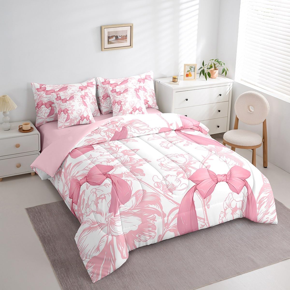 jejeloiu Kids Flower Bowknot Bed in a Bag 7 Pieces Full Size, Graceful Bow Comforter Set with Sheets Boys Girls Pink Knot Bed in a Set Teens Bedroom Decor 7Pcs