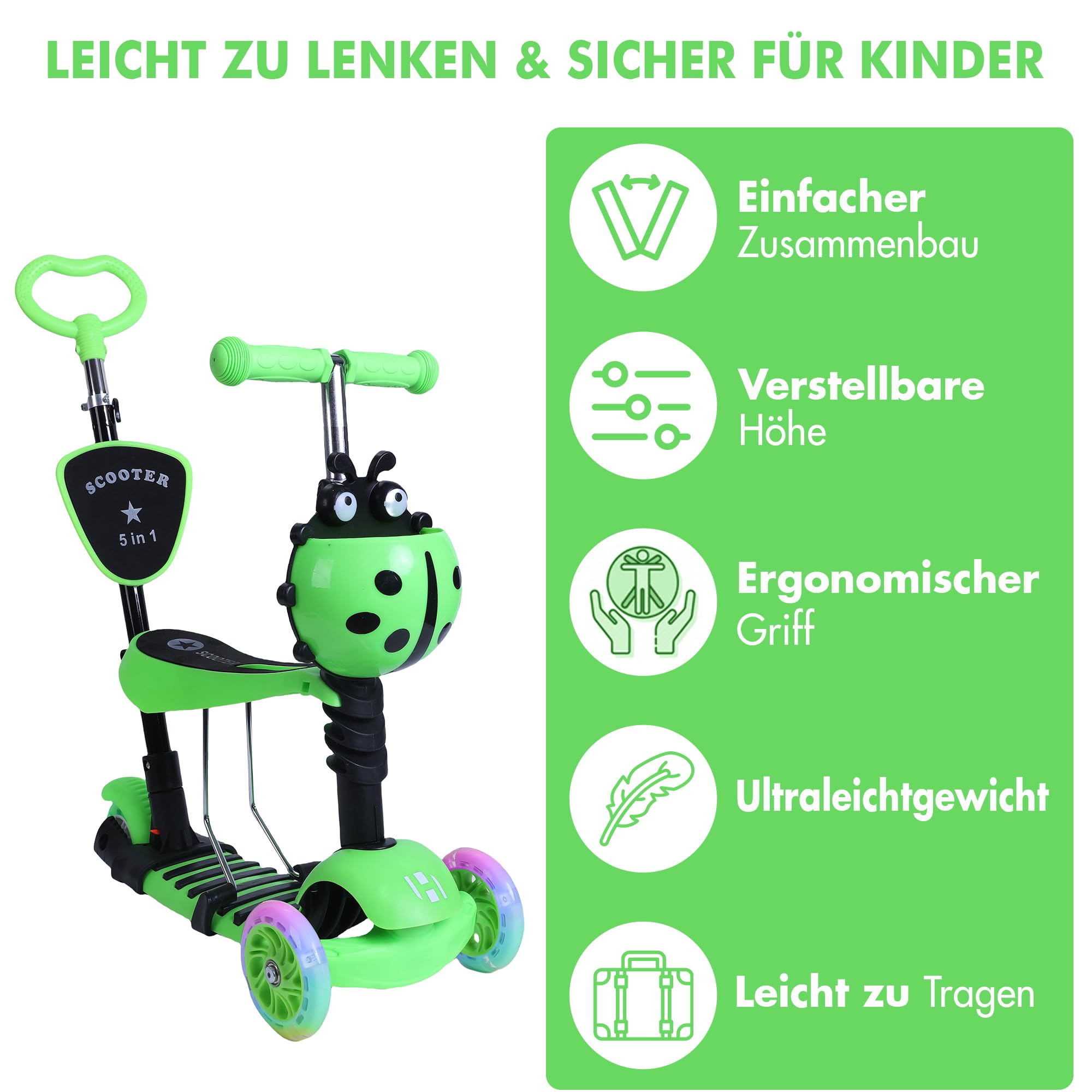 Habib 5-in-1 Kinderroller mit Rückenlehne für Jungen und Mädchen - Abnehmbarer Sitz, LED-Räder, Höheverstellbarer Lenker, Tretroller - Kinder Roller Outdoor Spiel, für 2-8 Jahre Kinder
