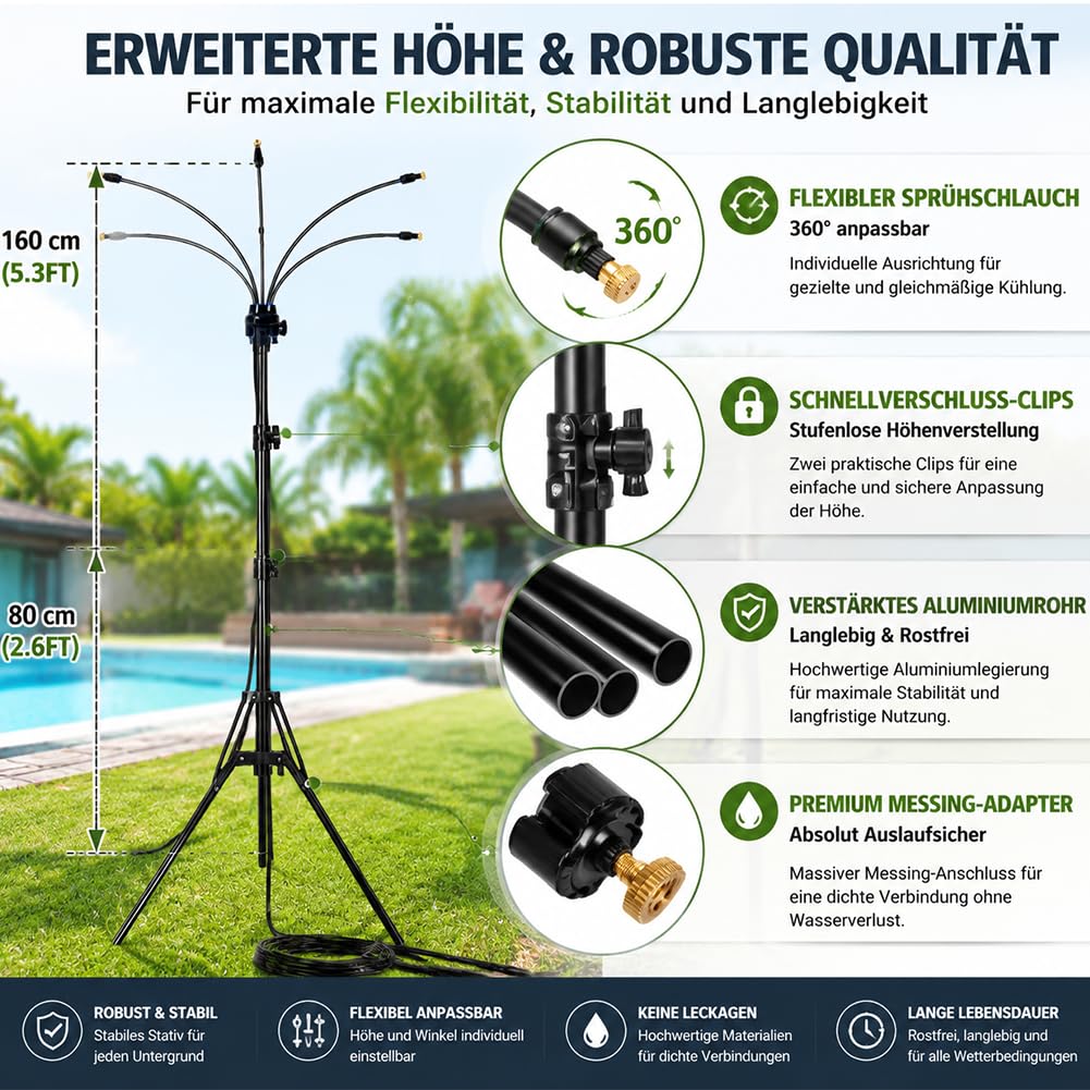 Sprühnebel Terrasse, Wassernebel Kühlung Terrasse mit 360° Drehbarem Arm - Höhenverstellbarer Tragbarer Sprühnebel Kühlung mit 8m Schlauch zum BBQ, Haustierkühlung, Pool & Hinterhof (2 Set)