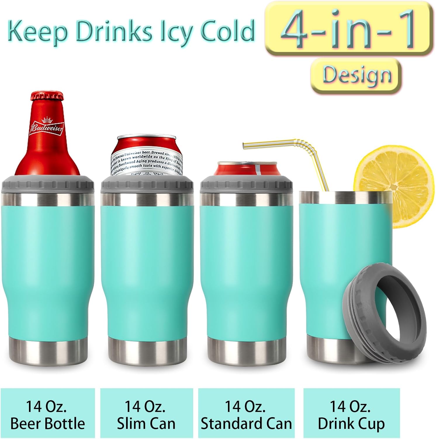 Stepstall 4 Packs Beer Gifts for Men, 4-in-1 Beer Bottle and Can Cooler for 14 Oz. Slim Can Bottle Insulators Holder Vacuum Stainless Steel