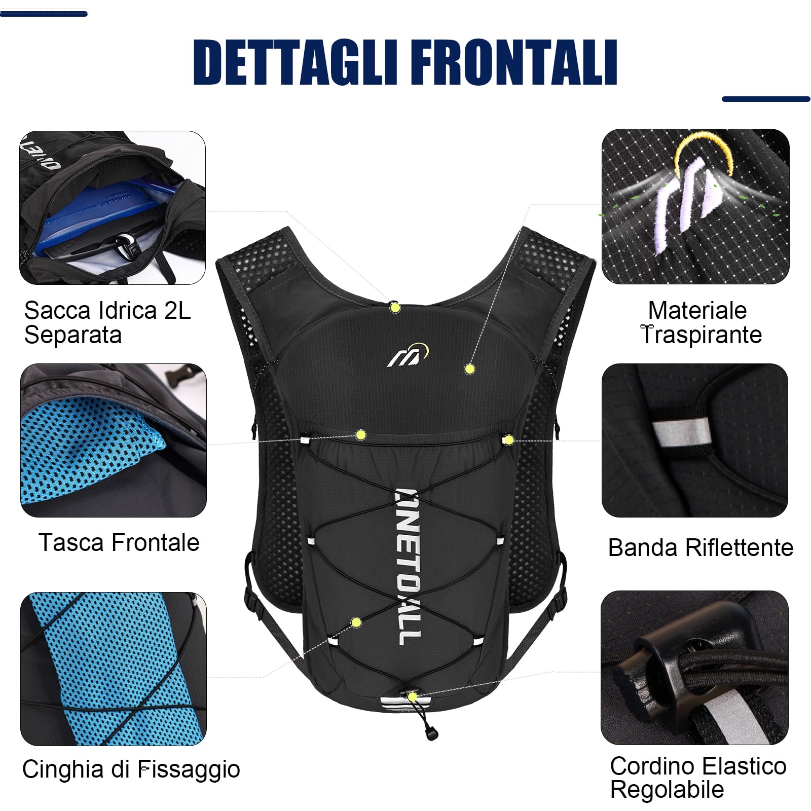 Zaino Trail Running, Gilet Running Uomo Donna, Running Vest con Soft Flask 500ml o Sacca Idrica 2L, Gilet Corsa per Idratazione Ultraleggero Riflettente per Corsa MTB Bici Moto Trekking