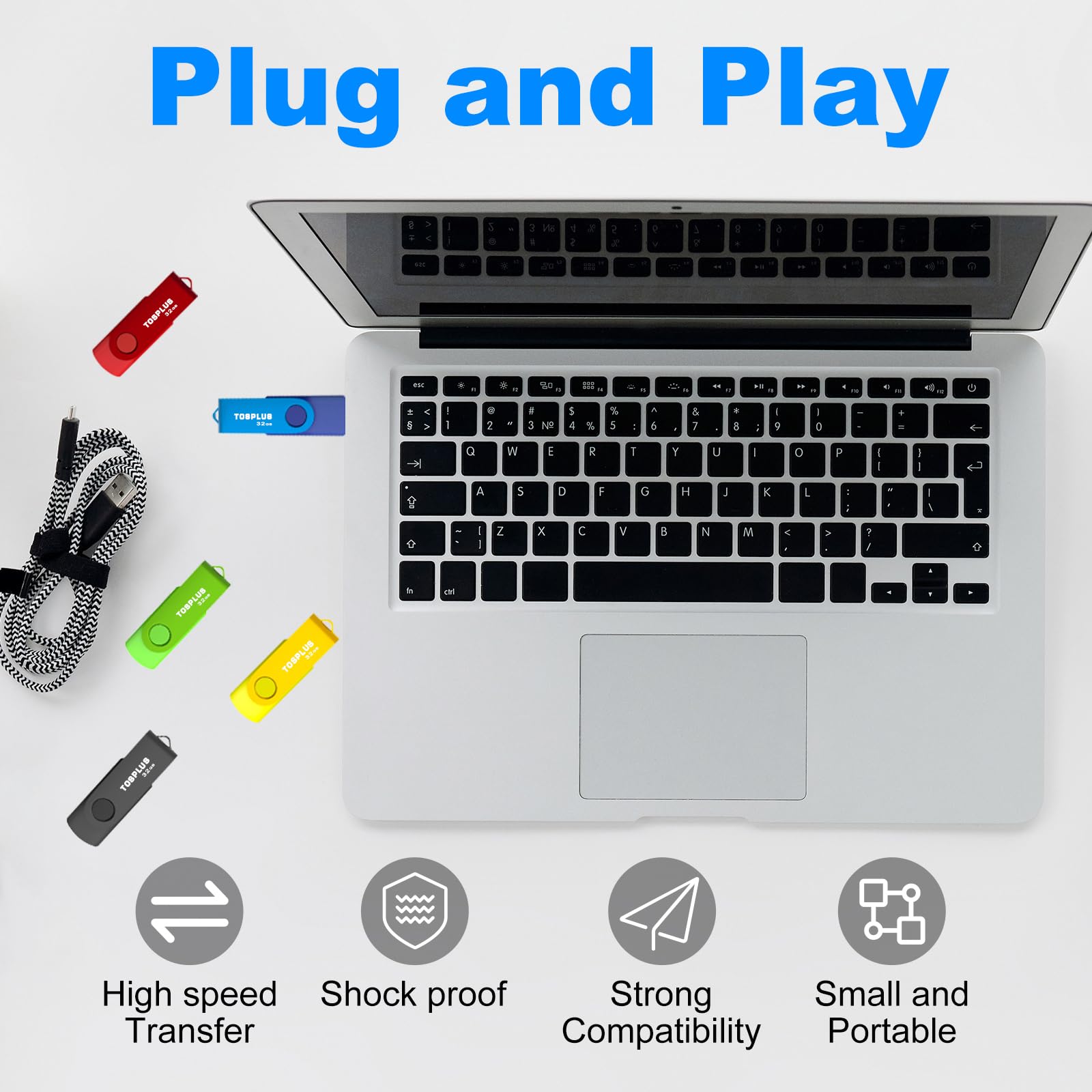Paquete de 2 unidades flash USB 2.0 de 32 GB, memoria USB 2.0, almacenamiento de datos, diseño giratorio (negro/azul)