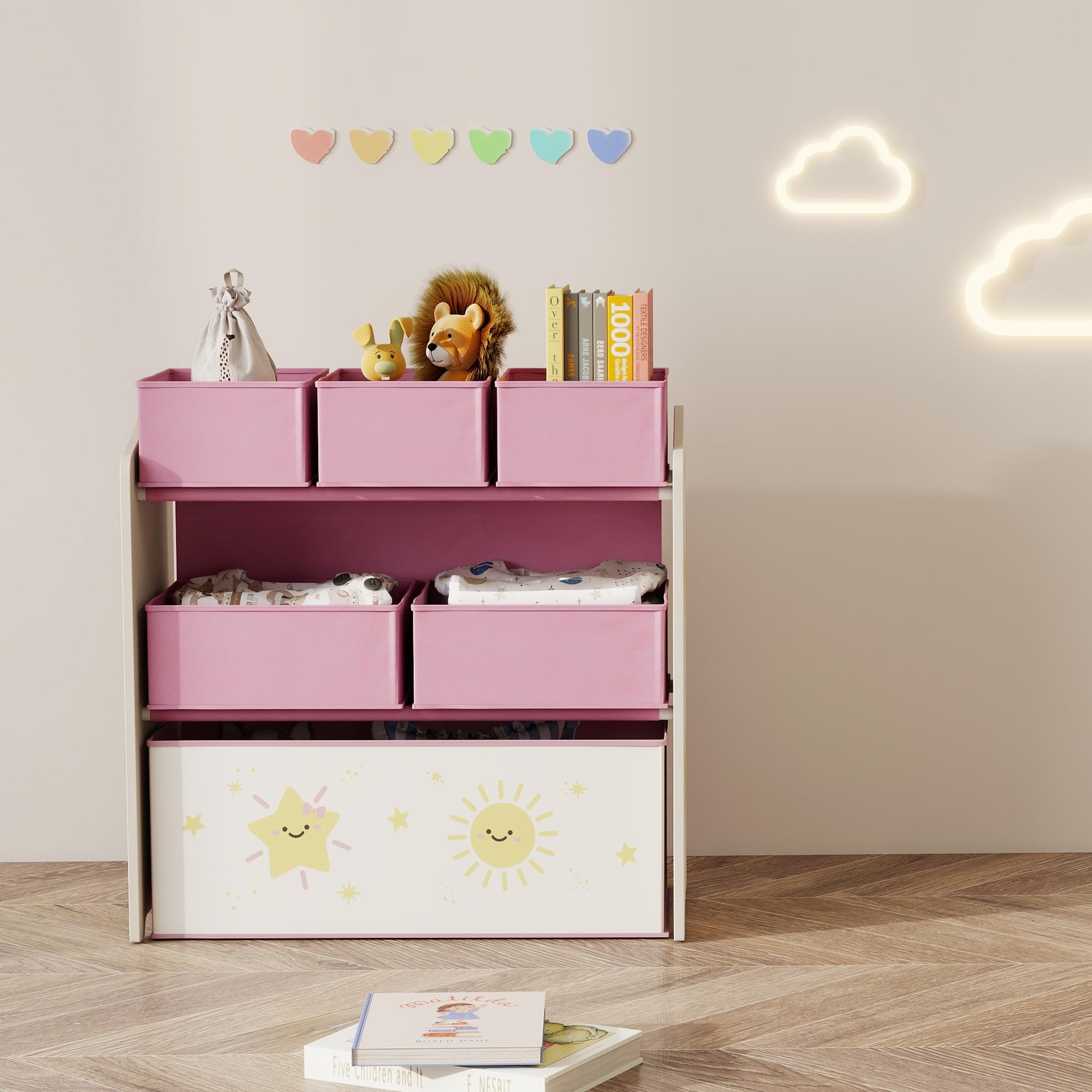 AIYAPLAY Meuble Rangement Enfant à 3 Niveaux, étagère de Rangement pour Jouets Enfants avec 6 boîtes en Tissu Amovibles, pour Chambre d'enfant, Salle de Jeux, garderie, Rose