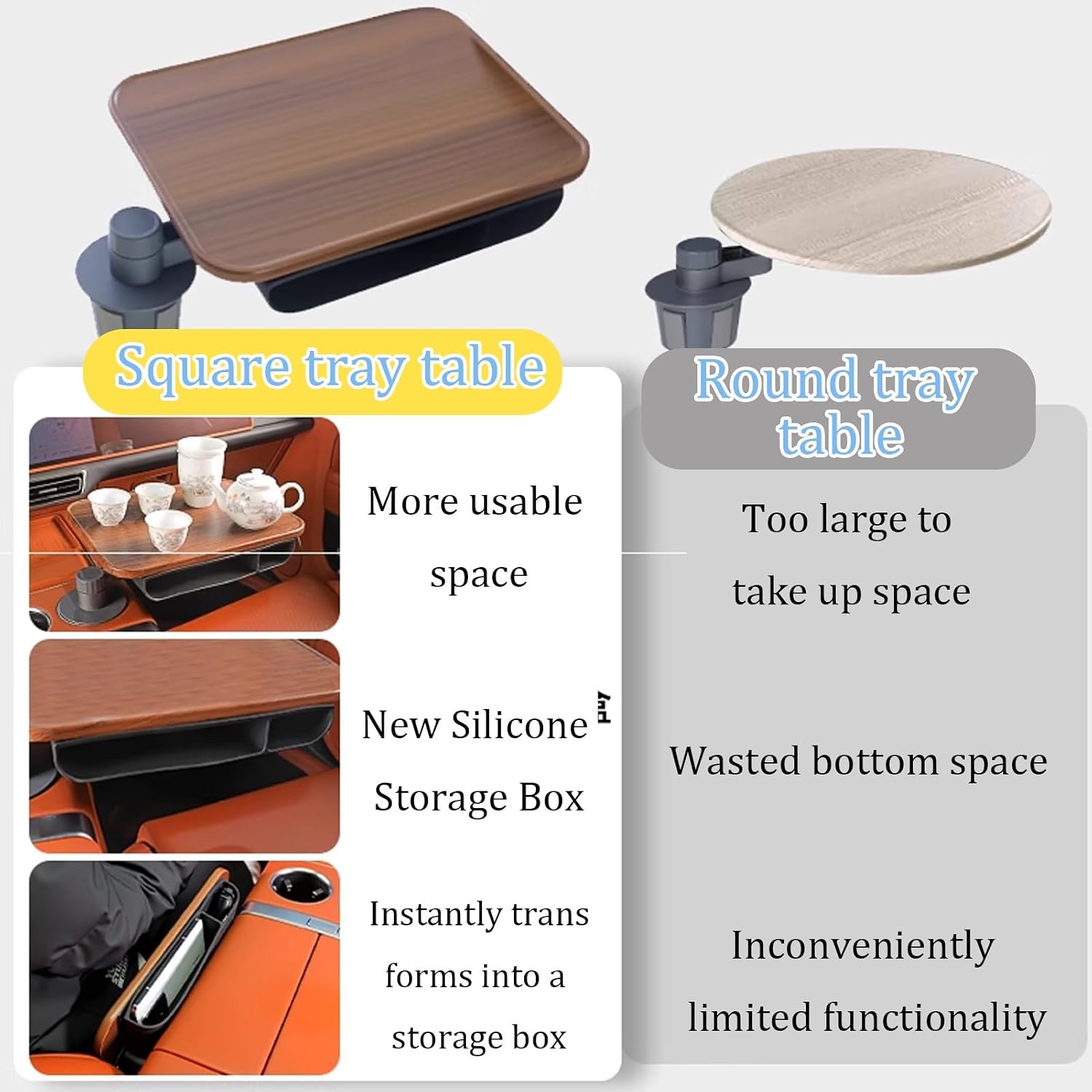 Rv Dinette Table, Car Cup Holder Tray, Suitable For SUVs And Sedans, Natural Wood Grain Texture With A Metal Base, Compatible With Most Car Models, Square Floating Tables