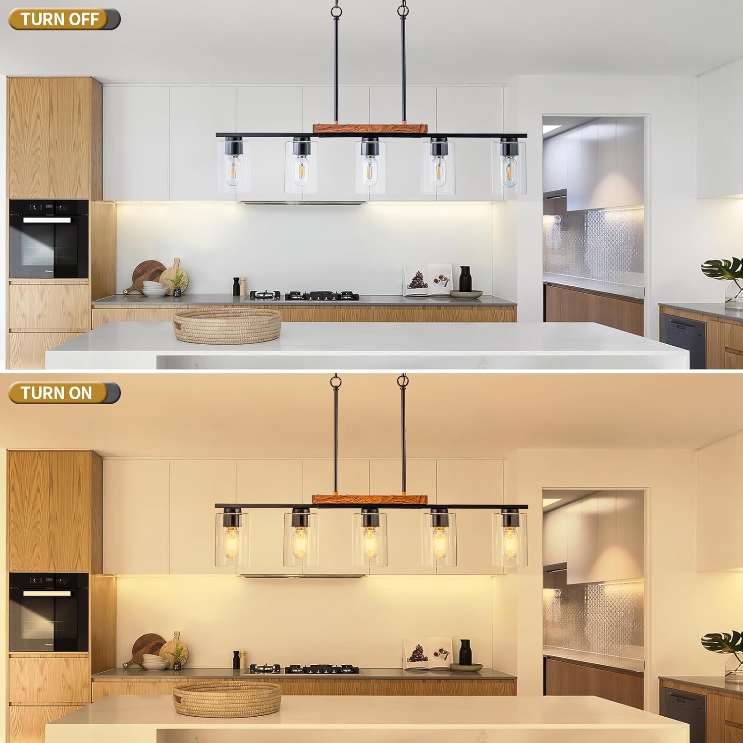 WILON Kitchen Island Lighting, 5 Lights Black Linear Chandeliers Modern Farmhouse Chandelier with Glass Shades for Kitchen Island Living Dining Room Foyer Bedroom(Black,5 Lights)
