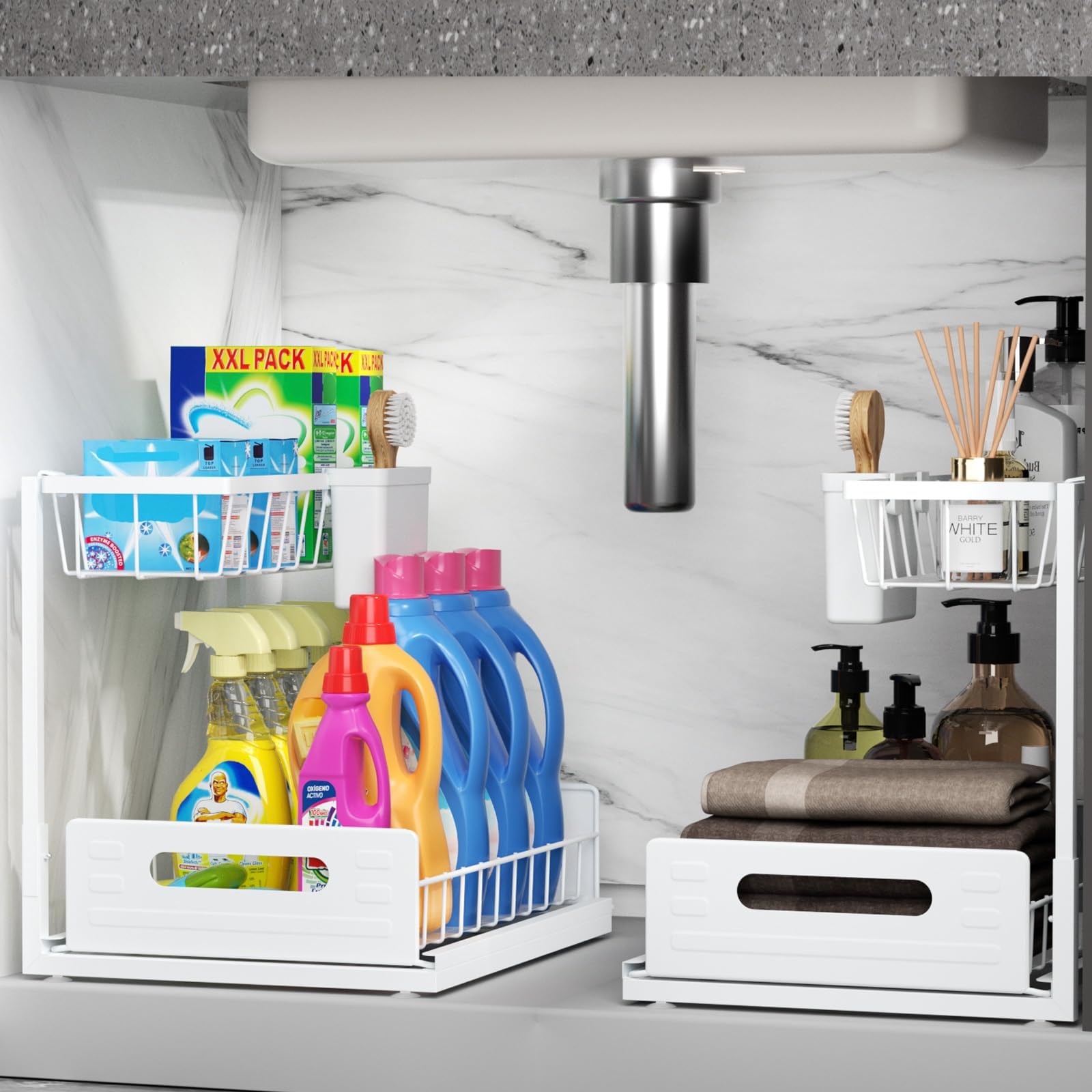 SPACEKEEPERUnder Sink Organizer, 2-Tier Sliding Under Bathroom Sink Storage Pull Out Cabinet Organizer Metal Material Multi-purpose for Kitchen Bathroom, White, 2 Pack