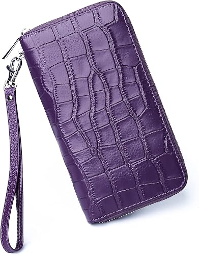 Billeteras de gran capacidad para mujer, con bloqueo RFID, de piel auténtica, con cremallera, tarjetero con correa para la muñeca