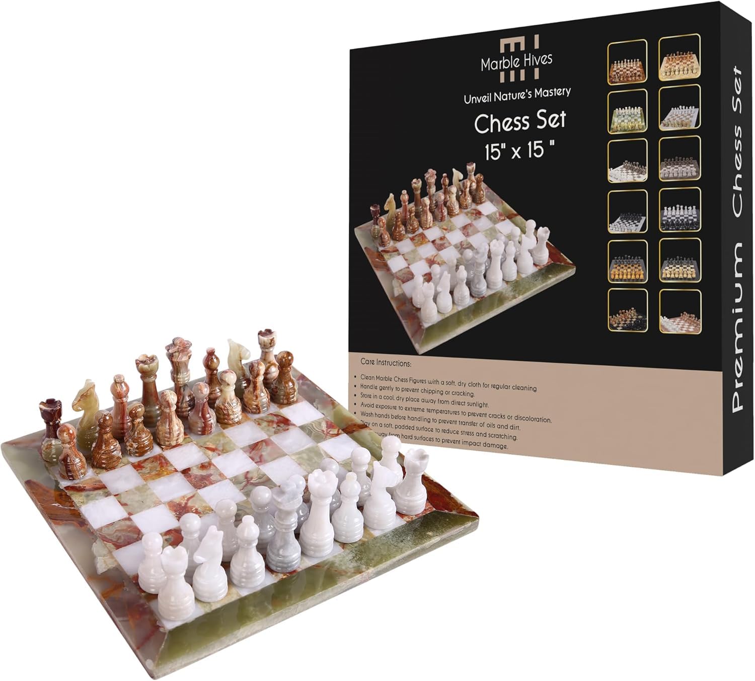 Marble Chess Set for Adults 15" Handmade Board Game with 32 Chess Pieces Luxury Travel Game, Elegant Gift for Home Décor
