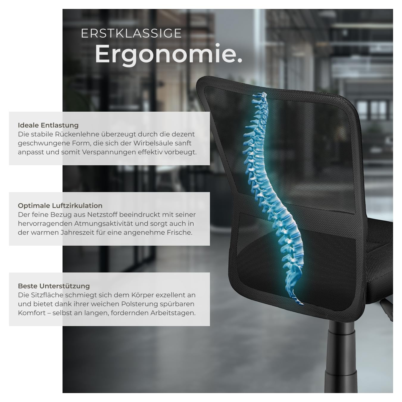 tectake® ergonomischer Bürostuhl, Schreibtischstuhl mit Rollen, Drehstuhl, Gaming Stuhl, Office Chair, Drehsessel, Möbel für Arbeitszimmer, und Jugenzimmer, PC, Computertisch - schwarz
