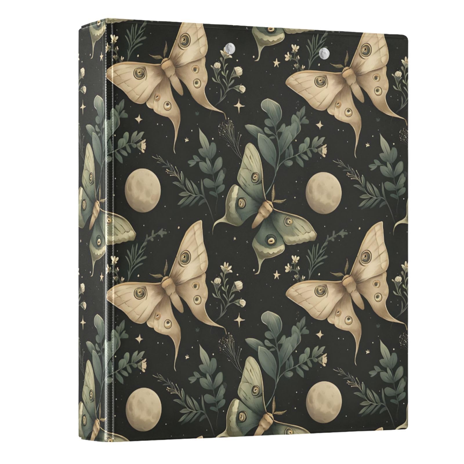 3 Ring Binder Moon Moth Green Boho 1.5 inch Binders Three Ring Binders with Clipboard Fit 8.5'' x 11'' Paper 3 Interior PVC Clear Pockets for Office Supplies