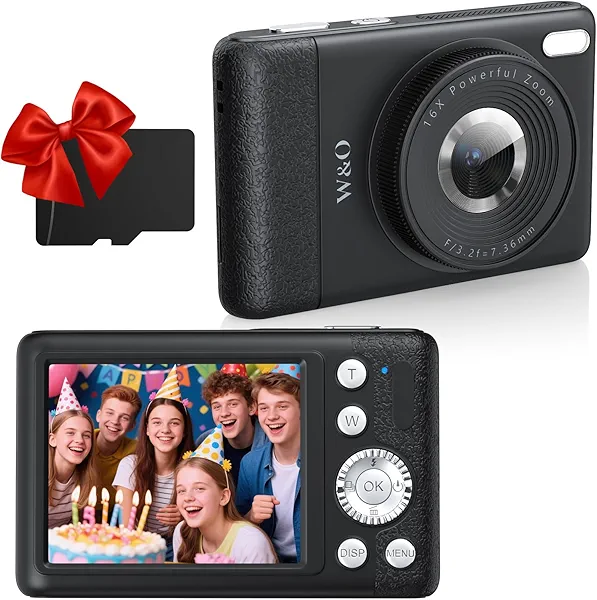 W&O Digital Camera for Kids, 1080P HD 64MP Digital Camera for Kids, Point and Shoot Digital Camera with 2.8" LCD Screen, 16X Zoom, Game & SD Card, Vintage Digital Cameras for Boys & Girls (Black)