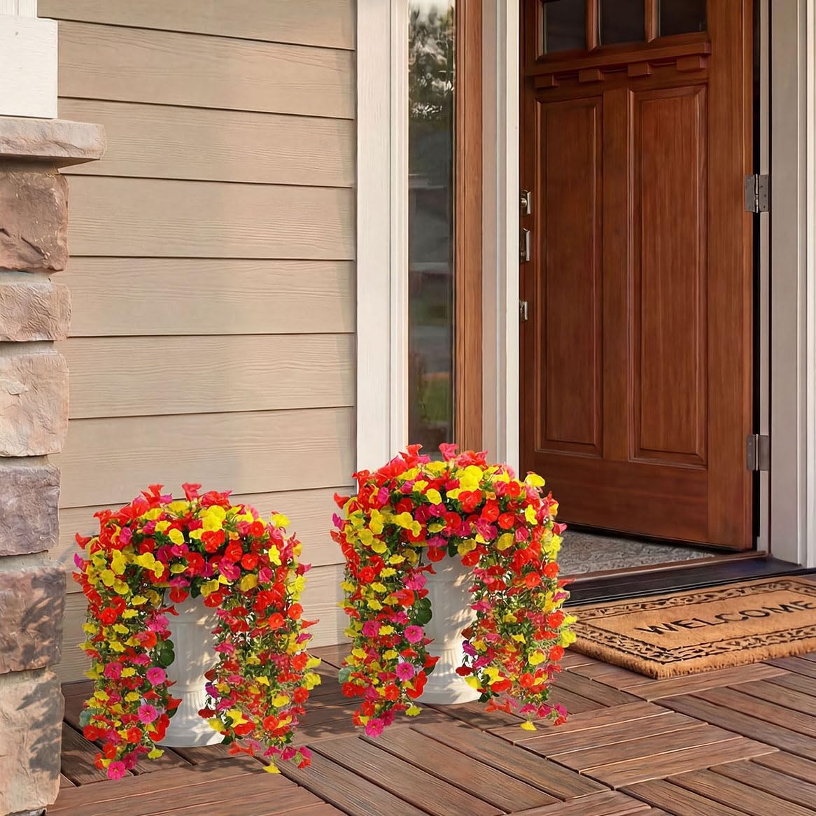 4 Bundles Artificial Silk Flowers for Outdoor Garden Decor, UV Resistant Realistic Faux Silk Petunias Flowers for Hanging Planter,Garden, Front Porch, Patio, Yard Decor(Pink Yellow Red)