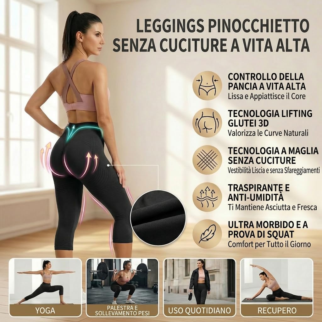 Leggings Estiva 3D Anticellulite Donna Collant 3/4 Sportivi Drenanti a Compressione Graduata Push Up Pantaloni da Palestra per Yoga Fitness e Pilates
