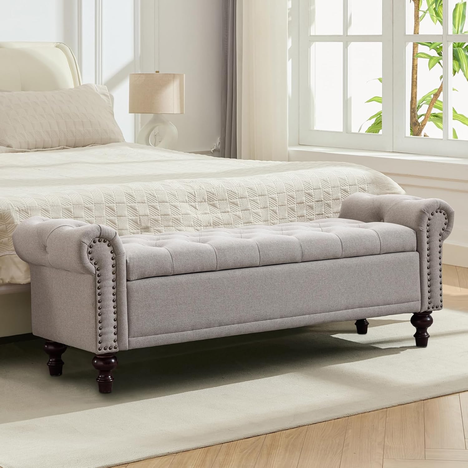 58'' Upholstered Storage Bench for Bedroom, Linen End of Bed Storage Ottoman Benches Large, Button Tufted Ottomans with Storage for Living Room/Entry Way/Closet, Beige