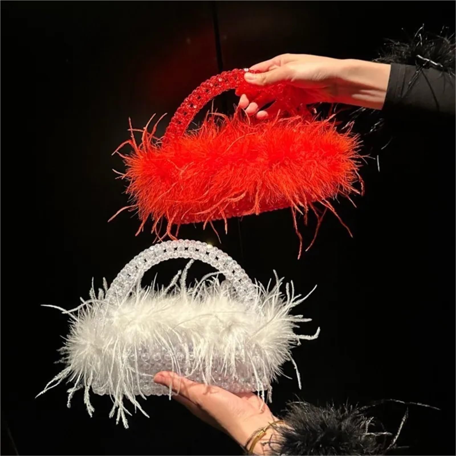 Bolso fiesta Bolso de noche piel avestruz con plumas, bolso cuentas, cruzado, aberturas, mano bajo el brazo
