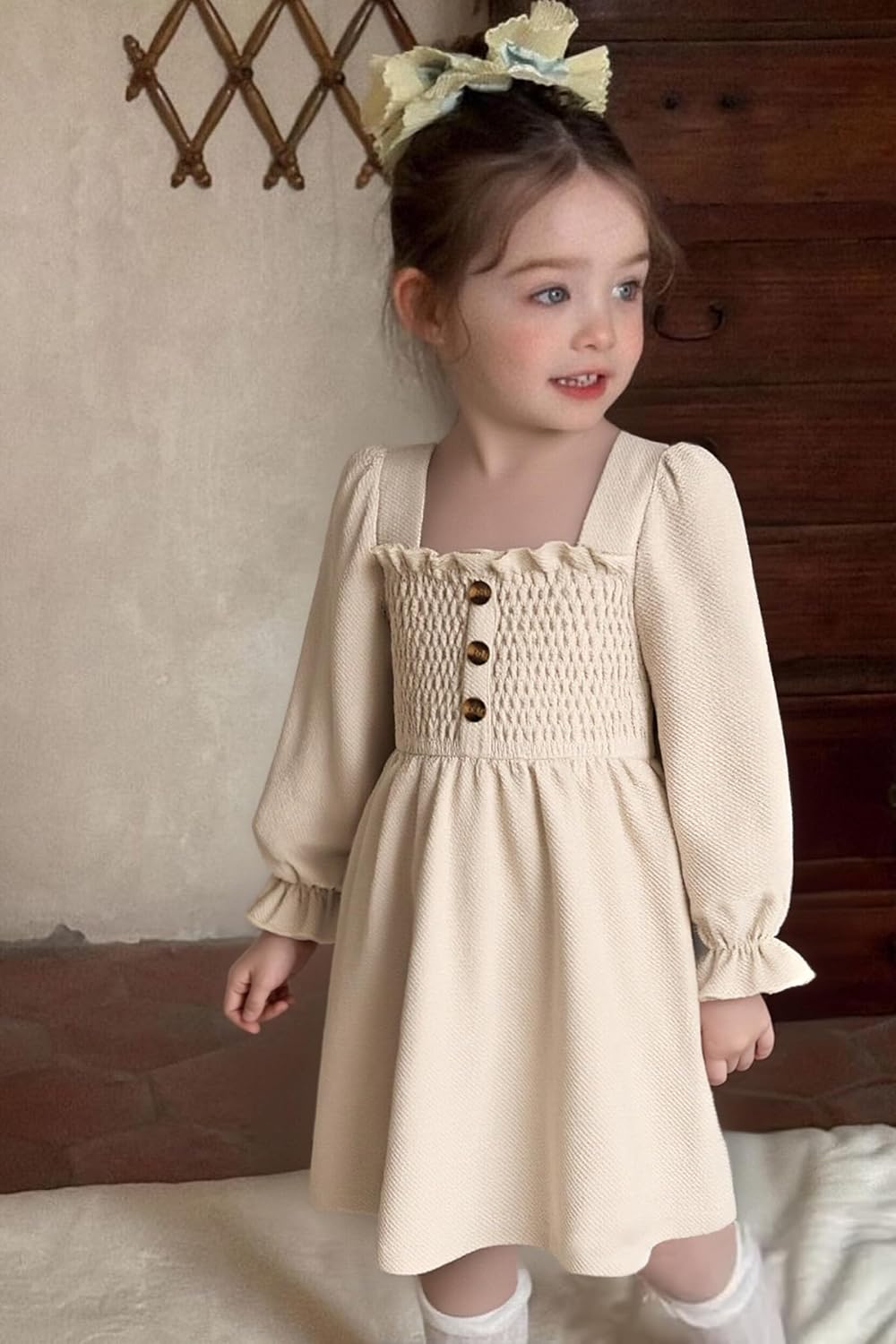 Happy Town Toddler Girl Dress Long Sleeve Play Wear Dress Baby Solid Color Casual Fall Winter Clothes