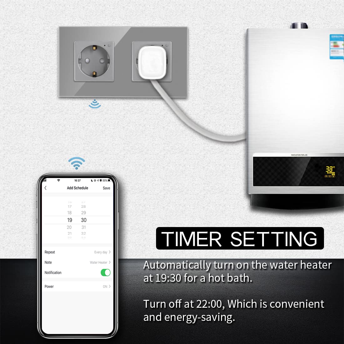 CNBINGO Presa Schuko WLAN da incasso, 16 Amp vetro Smart presa da lavoro con Alexa(Echo, Echo Dot), Google Assistant, controllo app, solo 2,4 GHz WiFi, 2 scomparti, grigio, confezione da 2 pezzi
