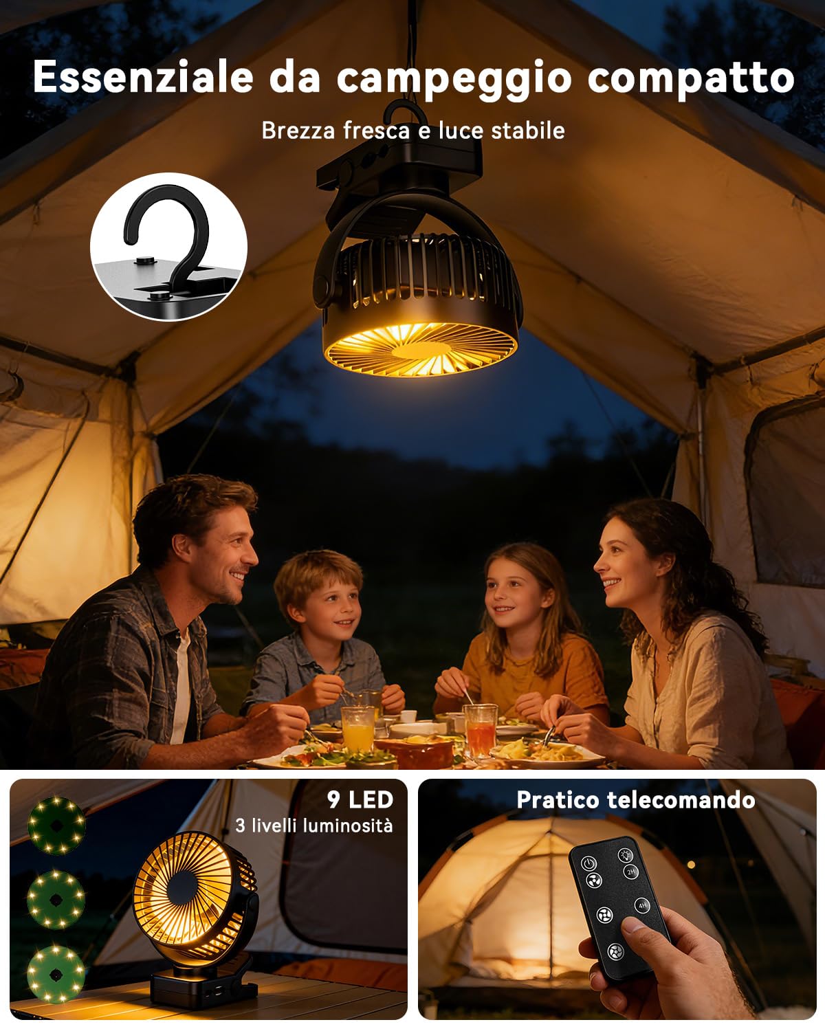 Ventilatore 4 in 1 a Pinza, Batteria 12000 mAh Ricaricabile USB, Portatile con Telecomando, Luce LED, 3 Velocità, Timer, Rotazione 360°, per Tavolo, Auto, Passeggino, Campeggio ed Esterno, Nero