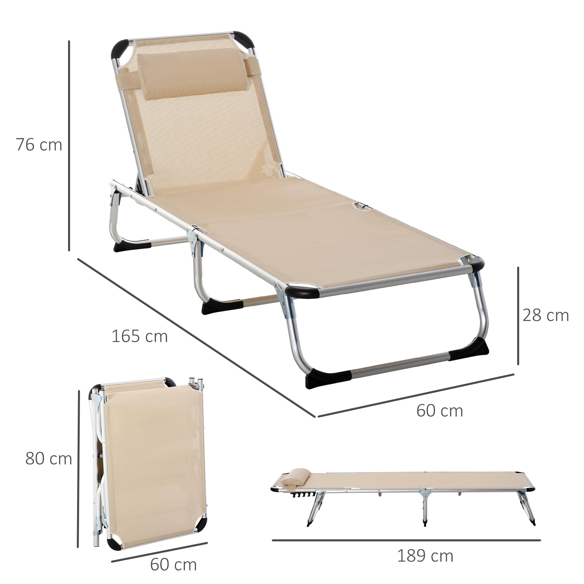 Outsunny Lettino Prendisole Pieghevole con Schienale Reclinabile su 4 Livelli, Sdraio da Giardino con Poggiatesta, in Alluminio e Texteline, per Spiaggia Piscina Giardino, 60x165x76 cm, Beige