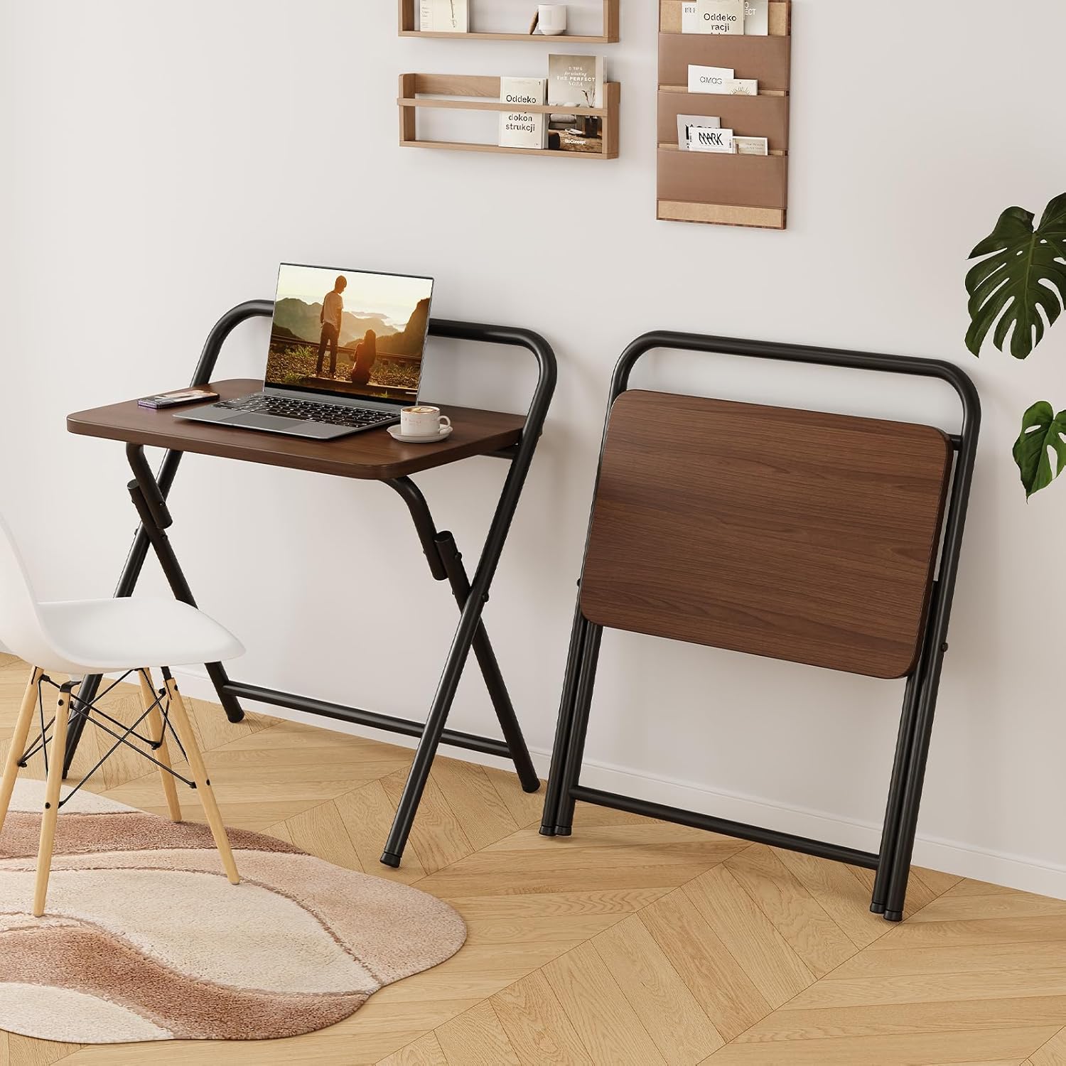 Folding Table, Small Computer Desk, Foldable Desk for Bedroom, Mini Desk for Home Office&Study, 24x16 Inches, No Assembly Required, Wood Top with Mental Frame, Dark Brown