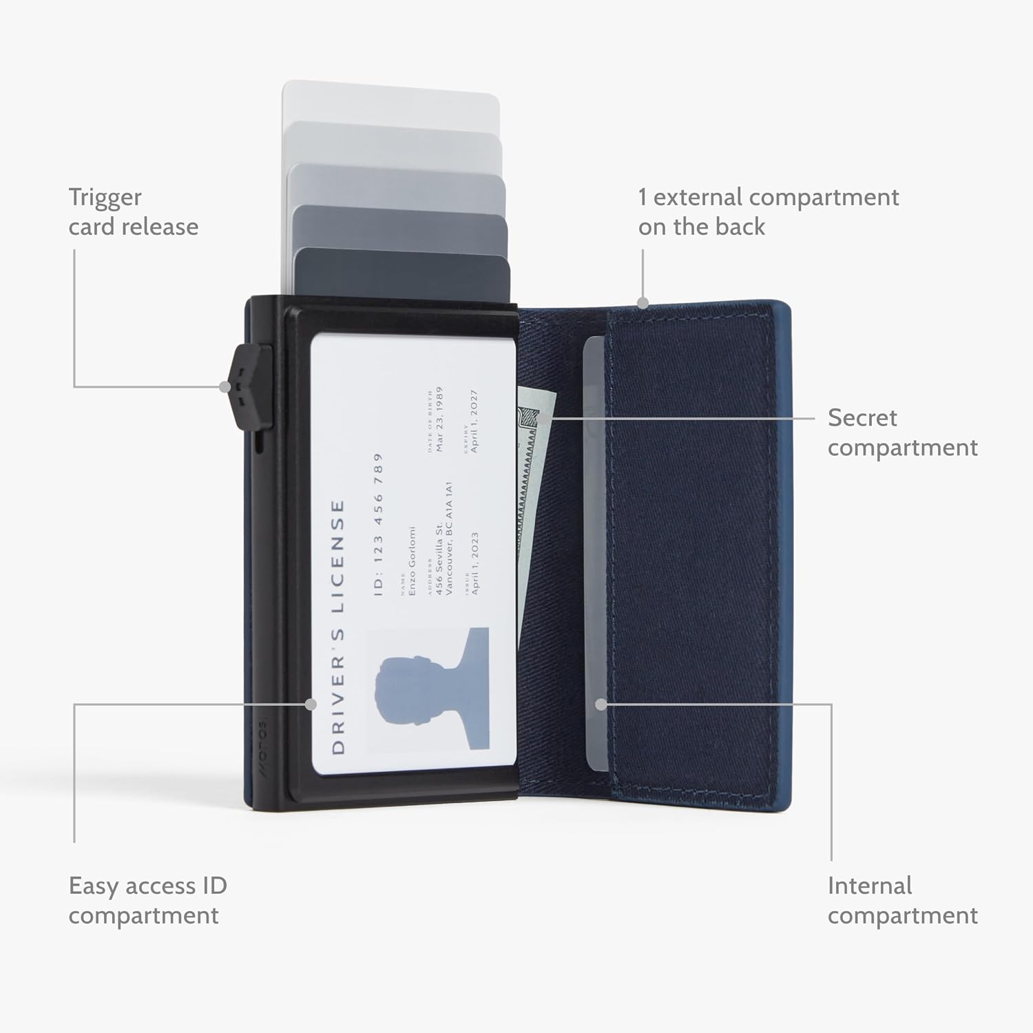 Monos Slim Wallet Pro – RFID Blocking Aluminum Card Case Wallet | Vegan Leather, Slide Mechanism Holds 6 Cards, ID Window & Hidden Money Compartment | Minimalist Wallet for Men & Women | Oxford Blue