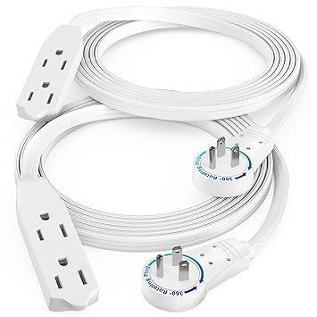 Maximm Cable 6 Ft 360 Rotating Flat Plug Extension Cord/Wire, 16 AWG Multi 3 Outlet Extension Wire, 3 Prong Grounded Wire - White - UL Listed, 2 Pack