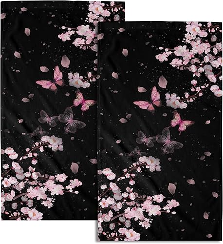 Giwawa Toalla de mano con diseño de flor de cerezo rosa  Juego de 2 toallas de baño con mariposas abstractas de flores de Sakura y ramas de sakura,