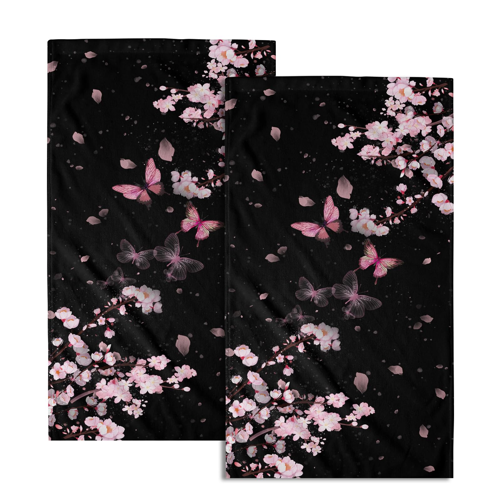 Giwawa Pink Cherry Blossom Hand Towel - Abstract Butterflies Bath Face Towels Set of 2 Blossoming Sakura Flowers Branch Tea Towels Guest Towels