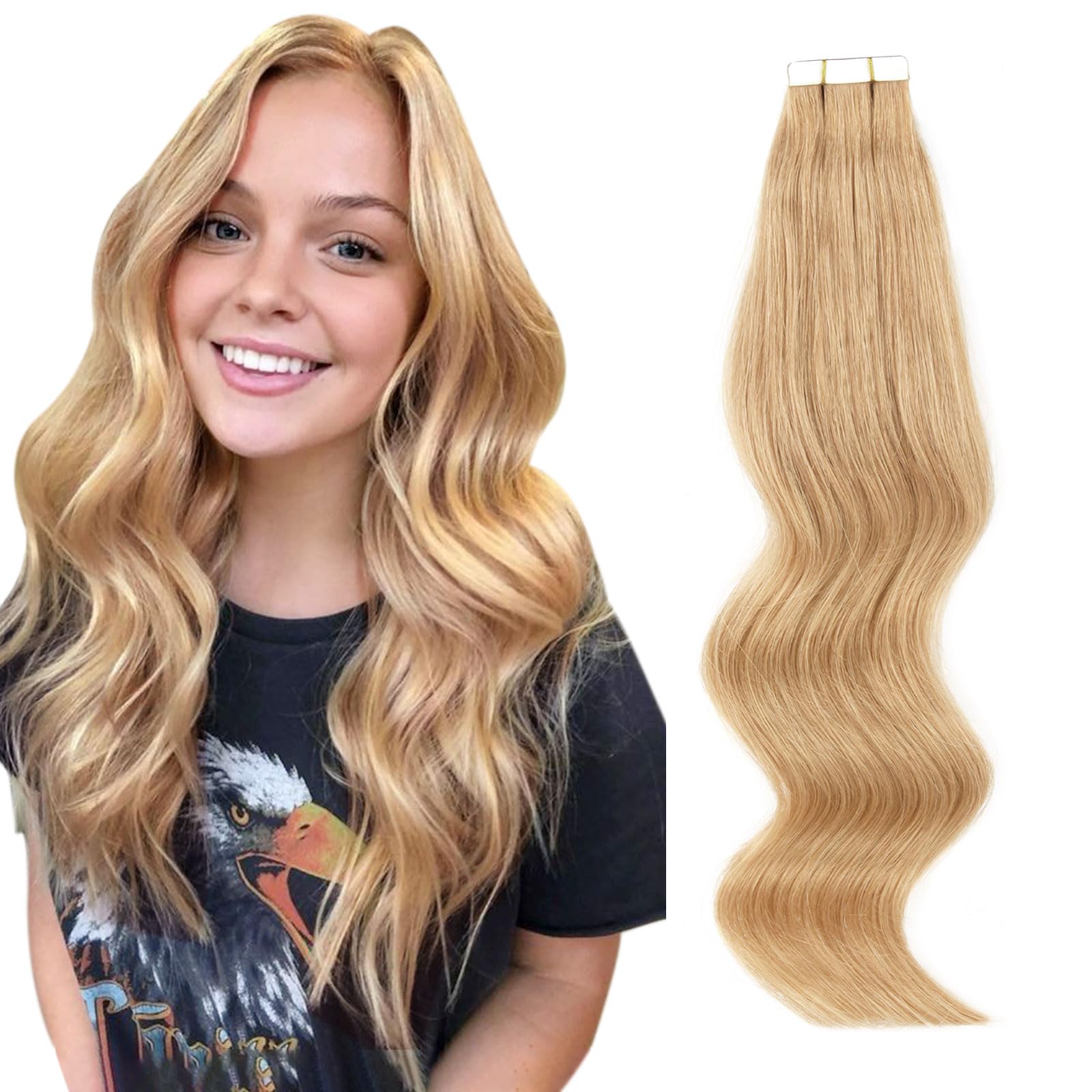 ABH AmazingBeauty Hair Semi-permanent Real Remi Remy Human Tape in Hair Extensions 50g 20pcs Skin Weft Tape Attached Invisible Seamless Reusable Dark Dirty Blonde Color 12