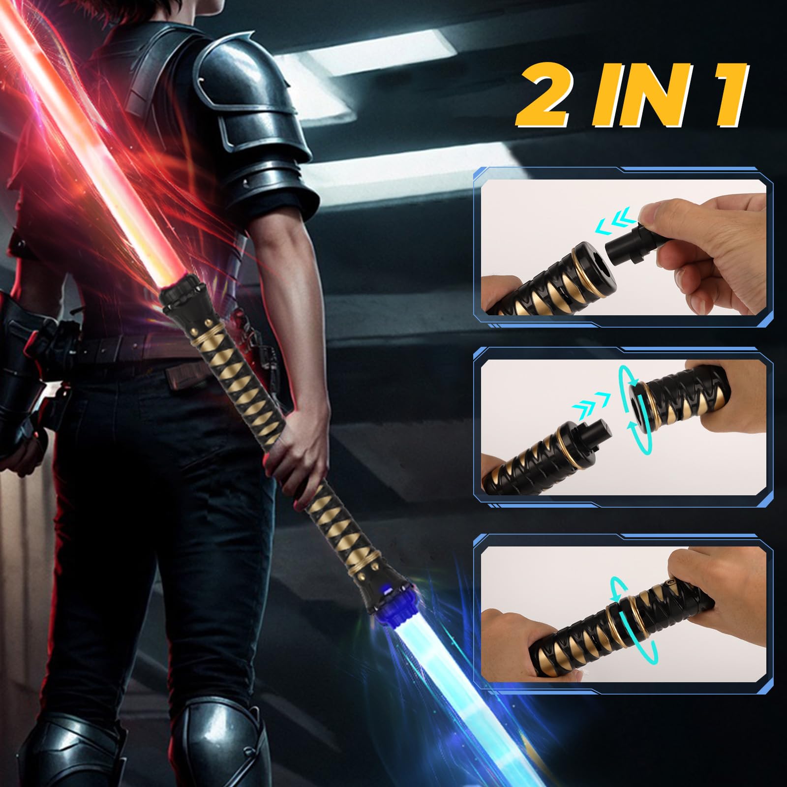Sabre Laser, 2 Pièces 15 Couleurs Lightsaber avec Effets sonores FX, 2 en 1 Sabre Laser Lumineux, Jouets Sabre Laser pour Enfants, pour Halloween, Cosplay, Fêtes sur Samouraïs