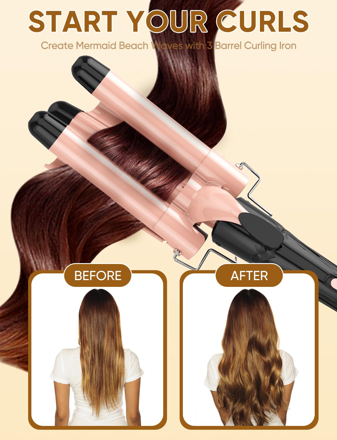 OBVHNUA Ferro Arricciacapelli 5 in 1 Piastra Capelli Onde Beach Waves, Arricciacapelli 3 Tubi, Riscaldamento Rapido PTC, 9-32 mm 5 Intercambiabili Arricciacapelli e 2 Regolazioni della Temperatura