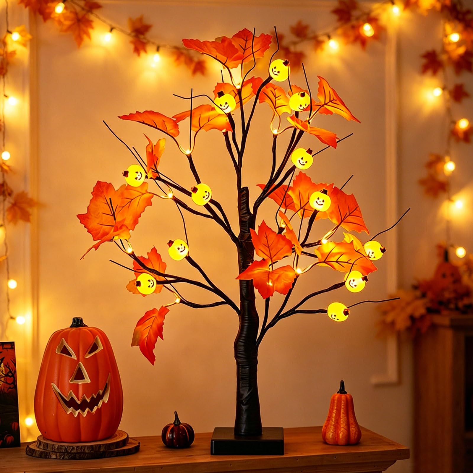 [Timer] Autumn Light Up Tree, 23.6in Maple Leaf Pumpkin Lights Table Decor