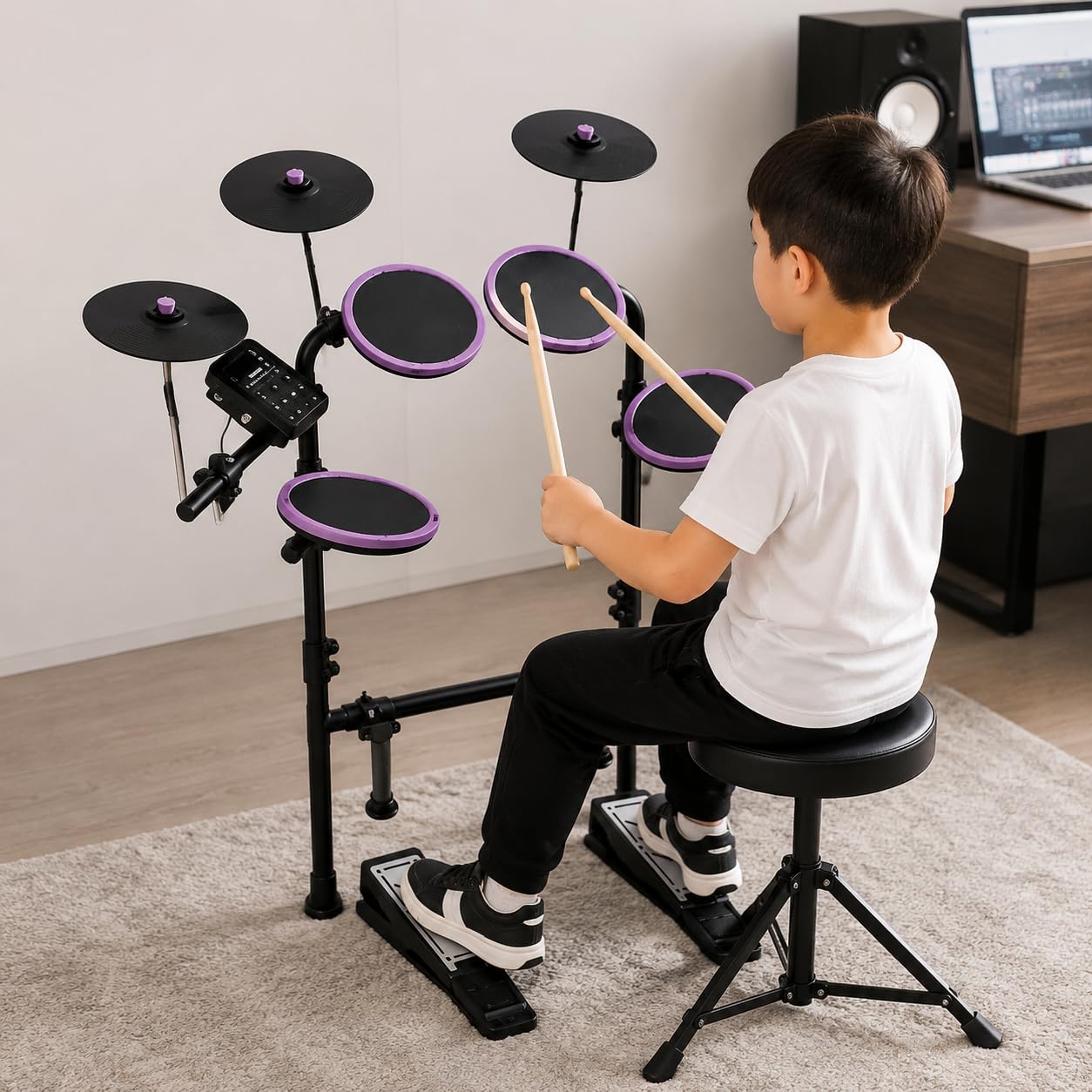 Batteria Elettronica Portatile per Bambini e Adulti, Kit con 120 Suoni, Pad in Mesh si, USB Cuffie, Viola nebbia