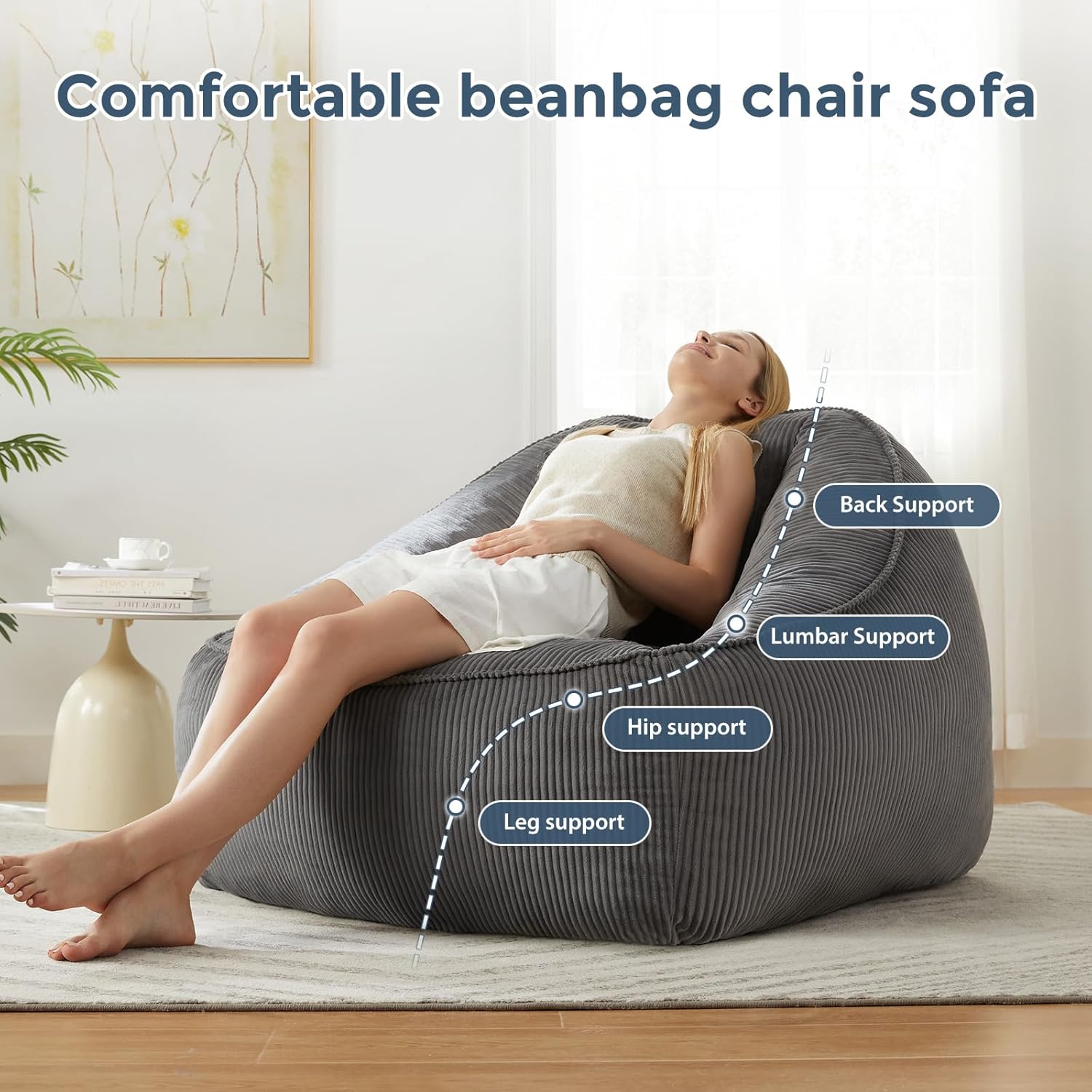 HUGHEAVEN Big Bean Bag Chairs for Adults,Giant Bean Bag Chair for Adults and Kids,Bean Bag Chairs for Teens,Comfy Fluffy Bean Bag Chair with Armrests,Bean Bag Sofa Lounge Floor Sofa for Reading
