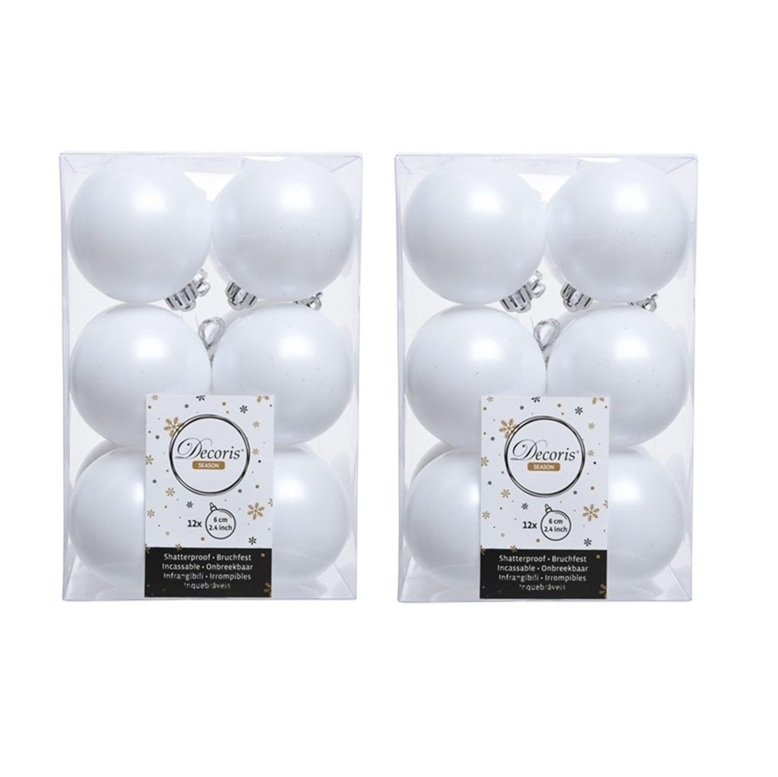 Decoris Assorted,White,Silver 24 Count White Christmas Baubles, 6Cm, Plastic, Resin, Traditional, Hanging, Unscented