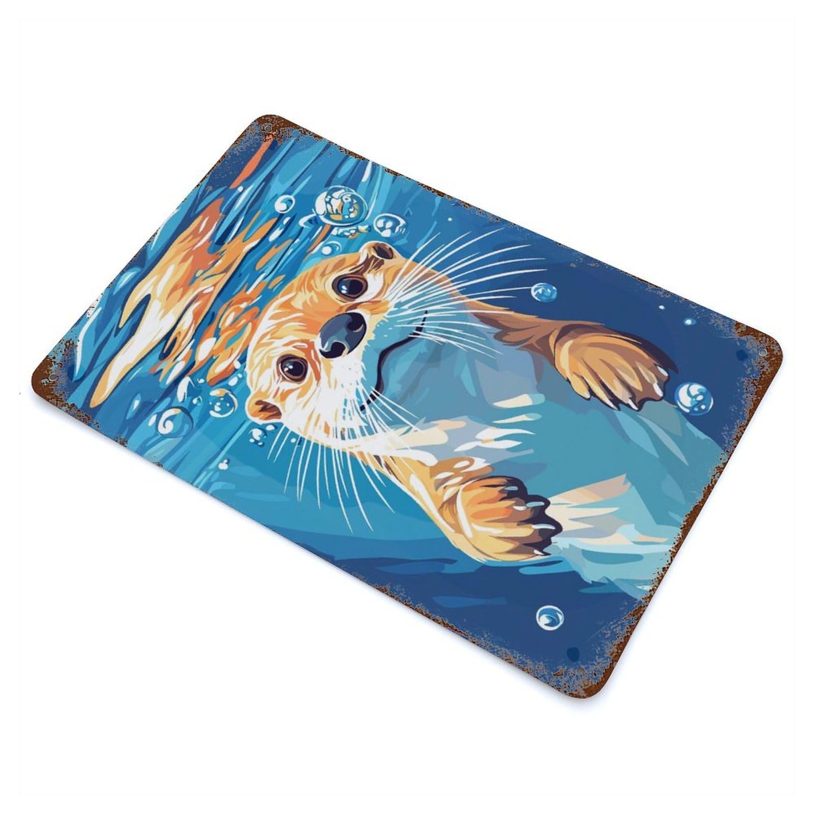 Otter Swimming Underwater Illustration Rust Effect Tin Sign 11.8"x7.9", Ideal for Farmhouse, Kitchen And Entryway Decor