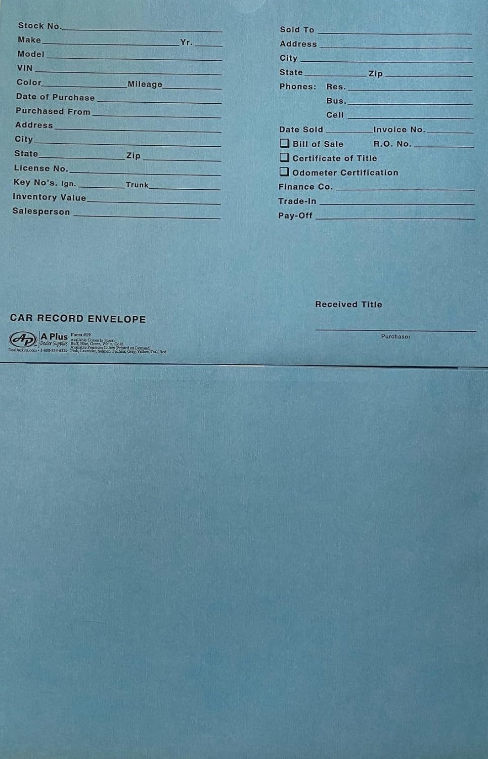 A Plus Car Record Envelope #19 Vehicle Dealer Jackets, 100 Quantity, Blue (P15) - Image 3