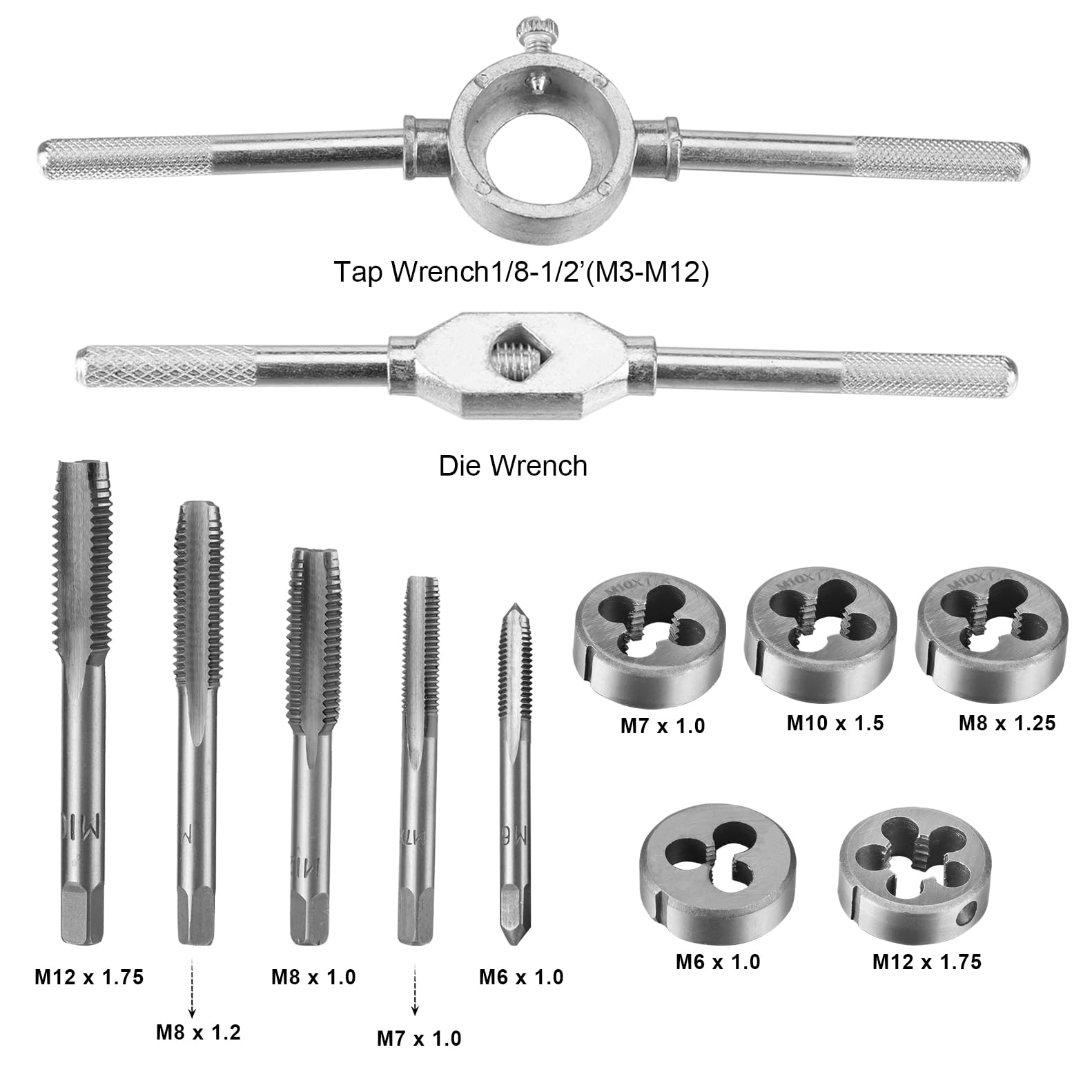 Juego de Terrajas y Machos de 12 Piezas Troqueles Métricos | Grifos y Manijas de LLave Juego de Herramientas Manuales Profesionales para Cortar, Roscar, y Moldear Tuercas