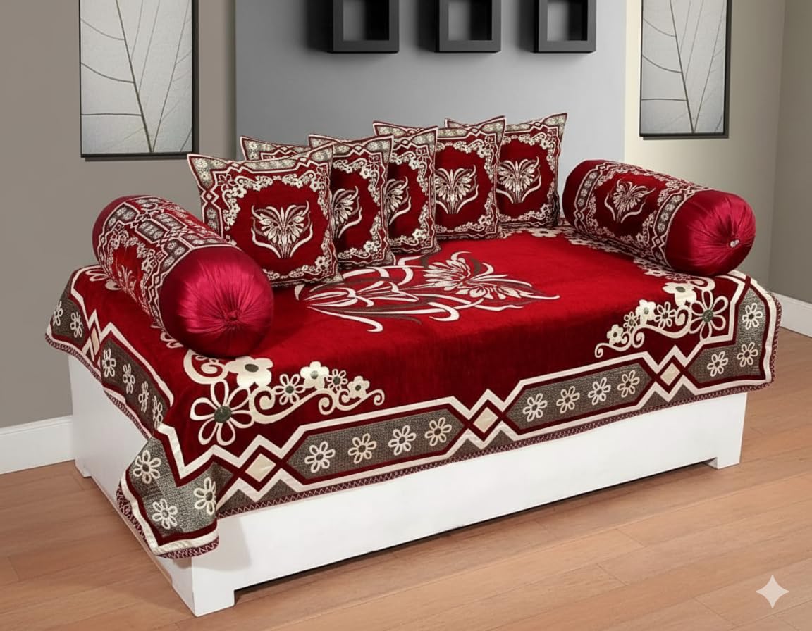Fresh From Loom Velvet Floral 500 TC Diwan Set Red - 1 Single Bedsheet with 2 Bolster Covers and 5 Cushion Covers (8pc Set)-image-18