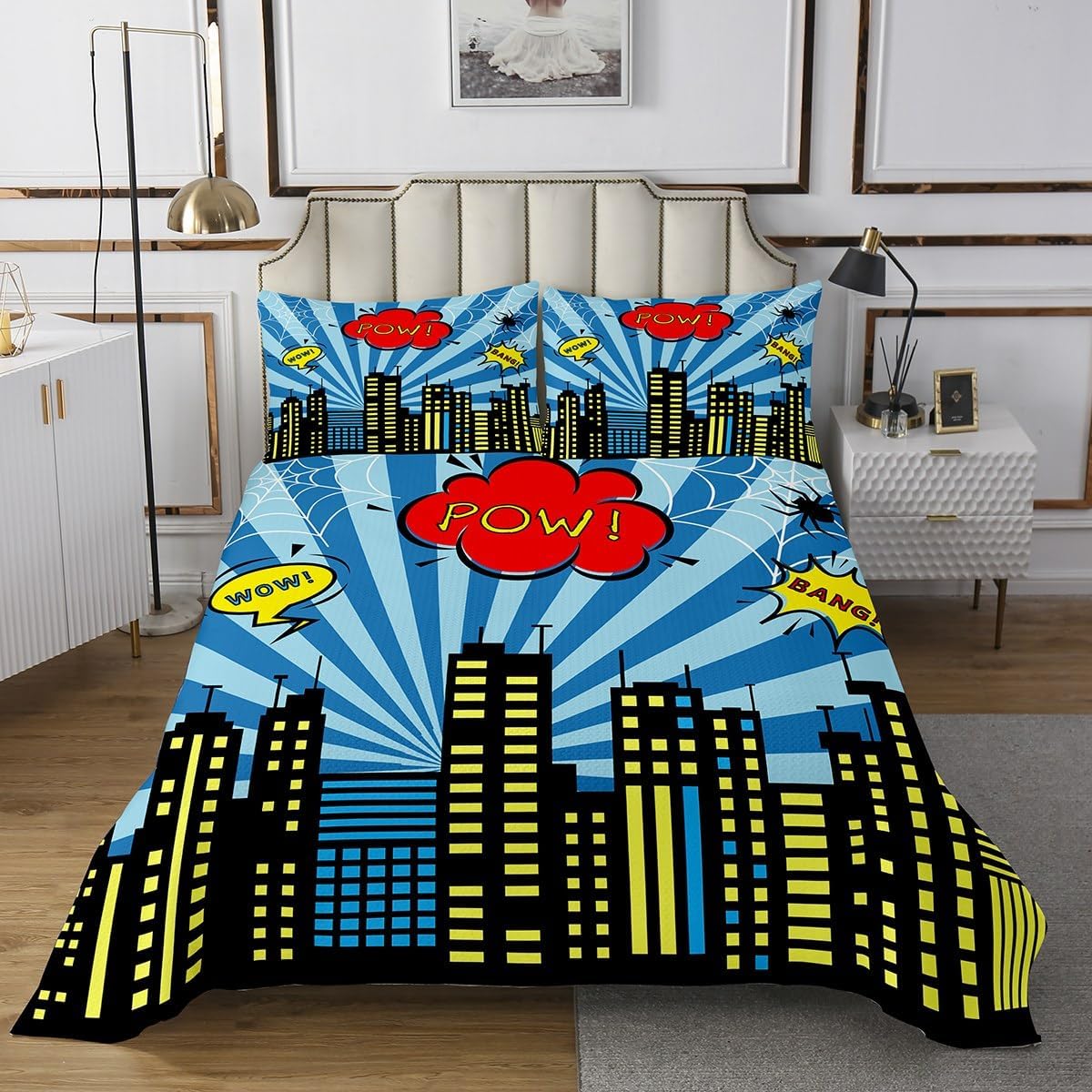 Homewish 3D Spider Kids Bedspread King Size,Blue City Building Bedding Sets 3Pcs for Boys Teens Men Room Decor,Hero Theme Comforter Sets Modern Cool Quilt Coverlet,2 Pillowcases
