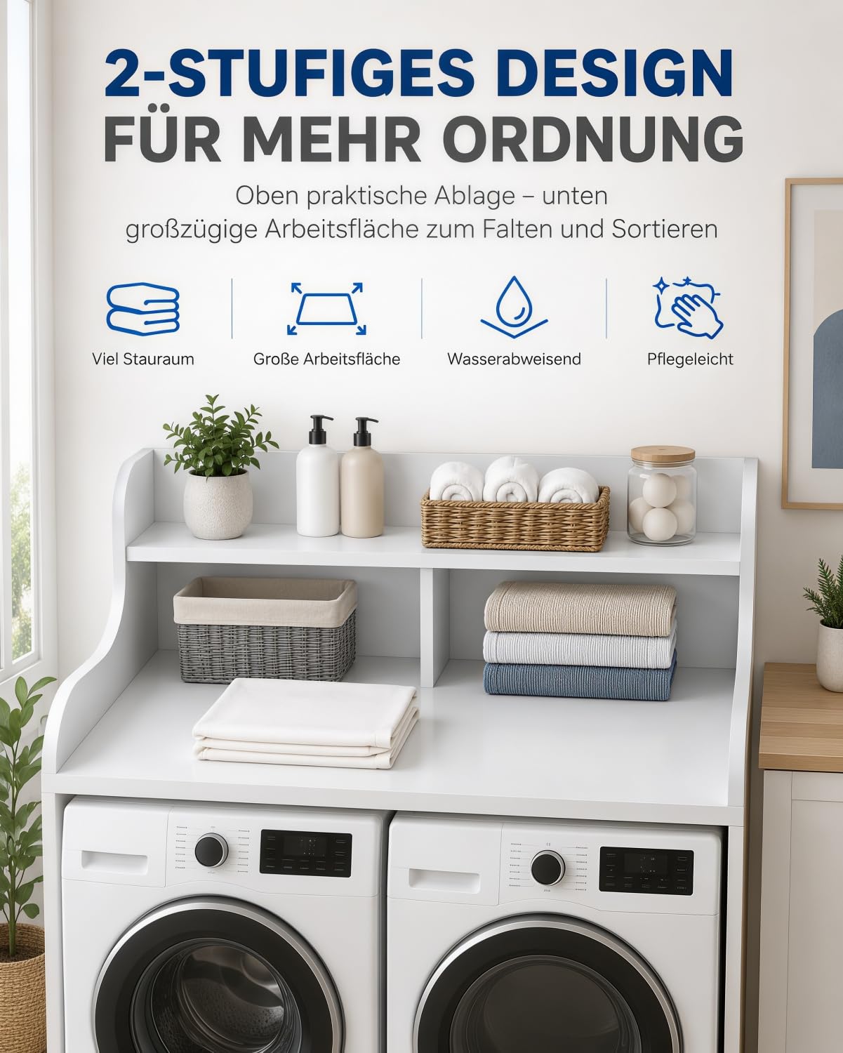 Arbeitsplatte für Waschmaschine und Trockner, 2 Ebenen, 137 x 69.8 cm | Mit Zusatzregal für Deko und Zubehör, Holzplatte mit Kantenleiste, ideal zum Falten und Ordnen in Waschküche oder Bad Weiß