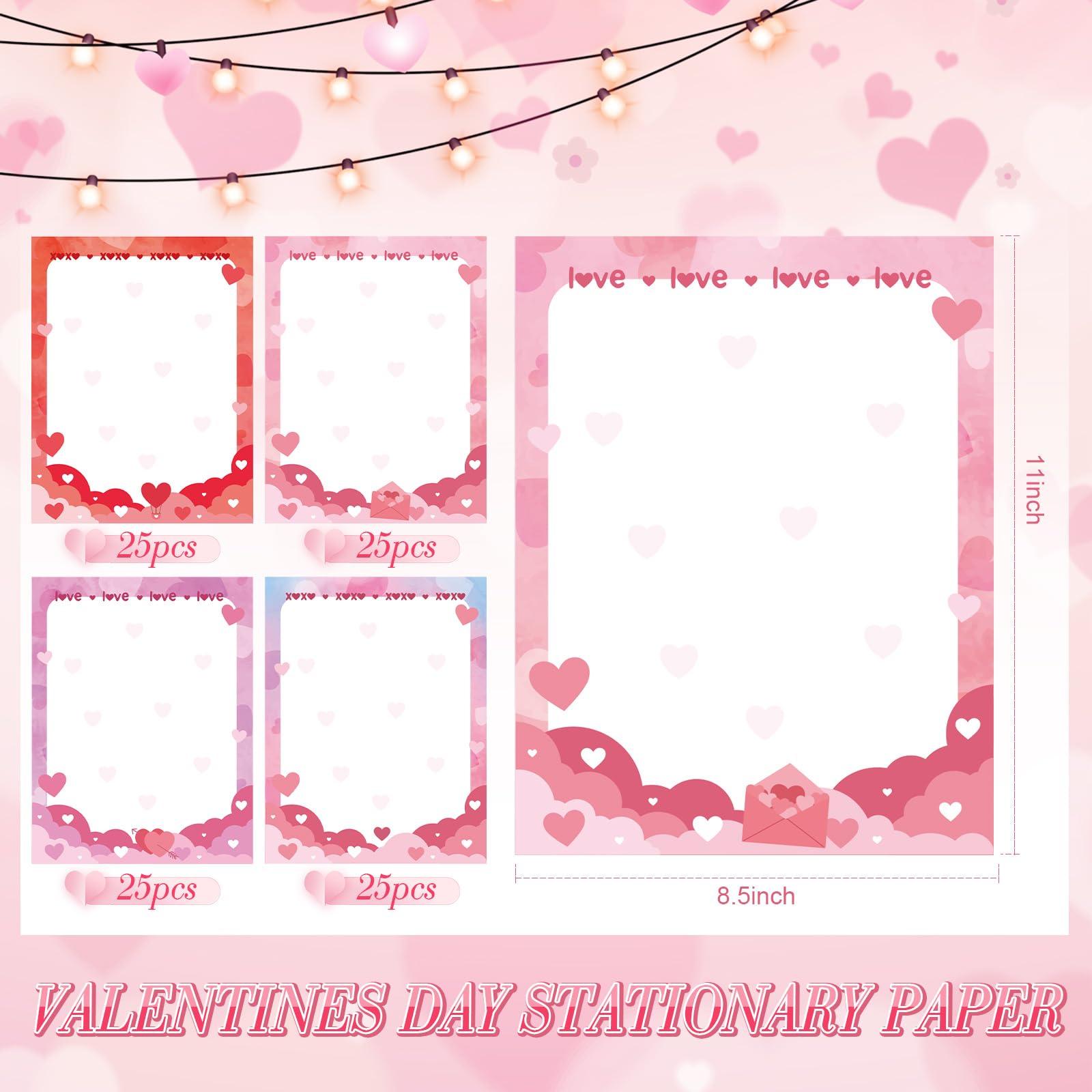 Dispowreath 100 hojas de papel de papelería de San Valentín, decoración de borde de membrete de corazón, 21,6 x 28 cm, papel de escritura rosa imprimible para San Valentín, boda, aniversario, tarjetas
