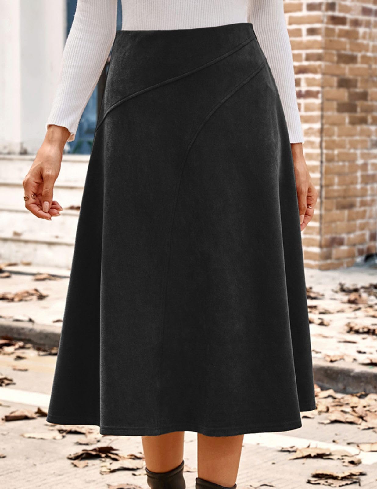 Kate Kasin 2025 Gonne in pelle scamosciata da donna, gonna a trapezio a vita alta, gonna midi autunno inverno | Elastico in vita, cerniera nascosta sul retro, comodo abbigliamento in finta pelle scamosciata