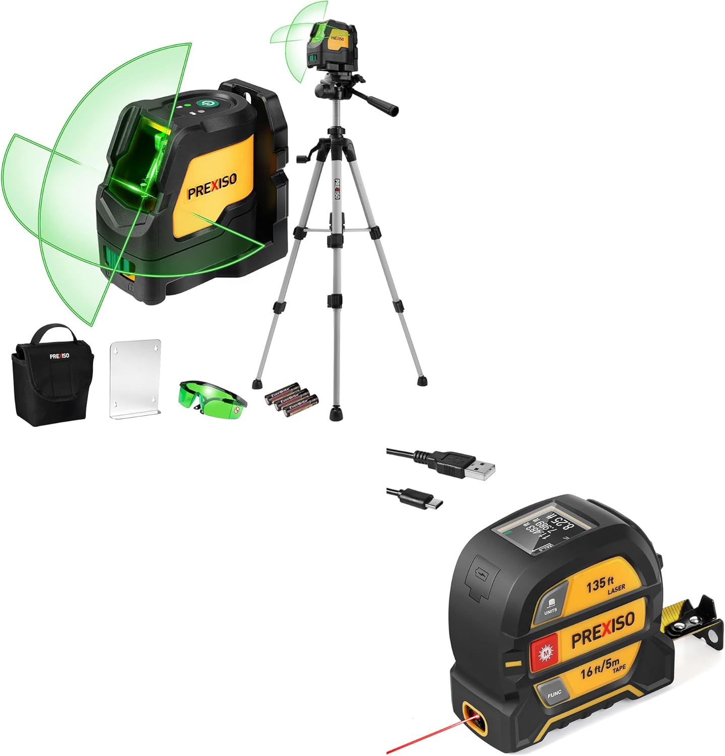 PREXISO 2-in-1 Digital 135Ft Rechargeable Laser Tape Measure & PREXISO Laser Level with Tripod, IP54 Professional 150° Wide Angle
