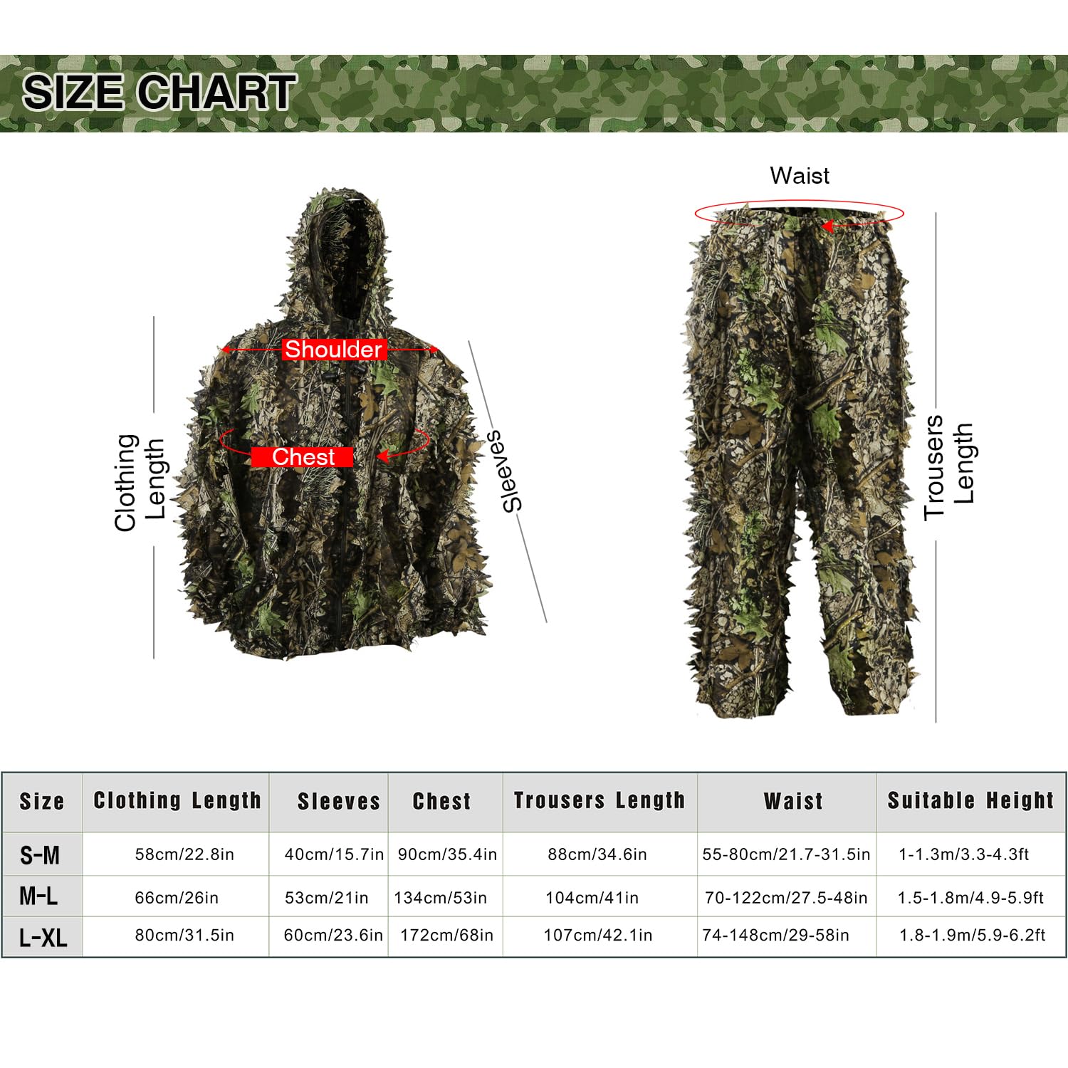 PELLOR Ghillie Suit, Tuta Mimetica a Foglia 3D,Tute Gillies per Uomini/Donne Adulti,Tuta a Foglia per Caccia Fotografia di Caccia All'aperto