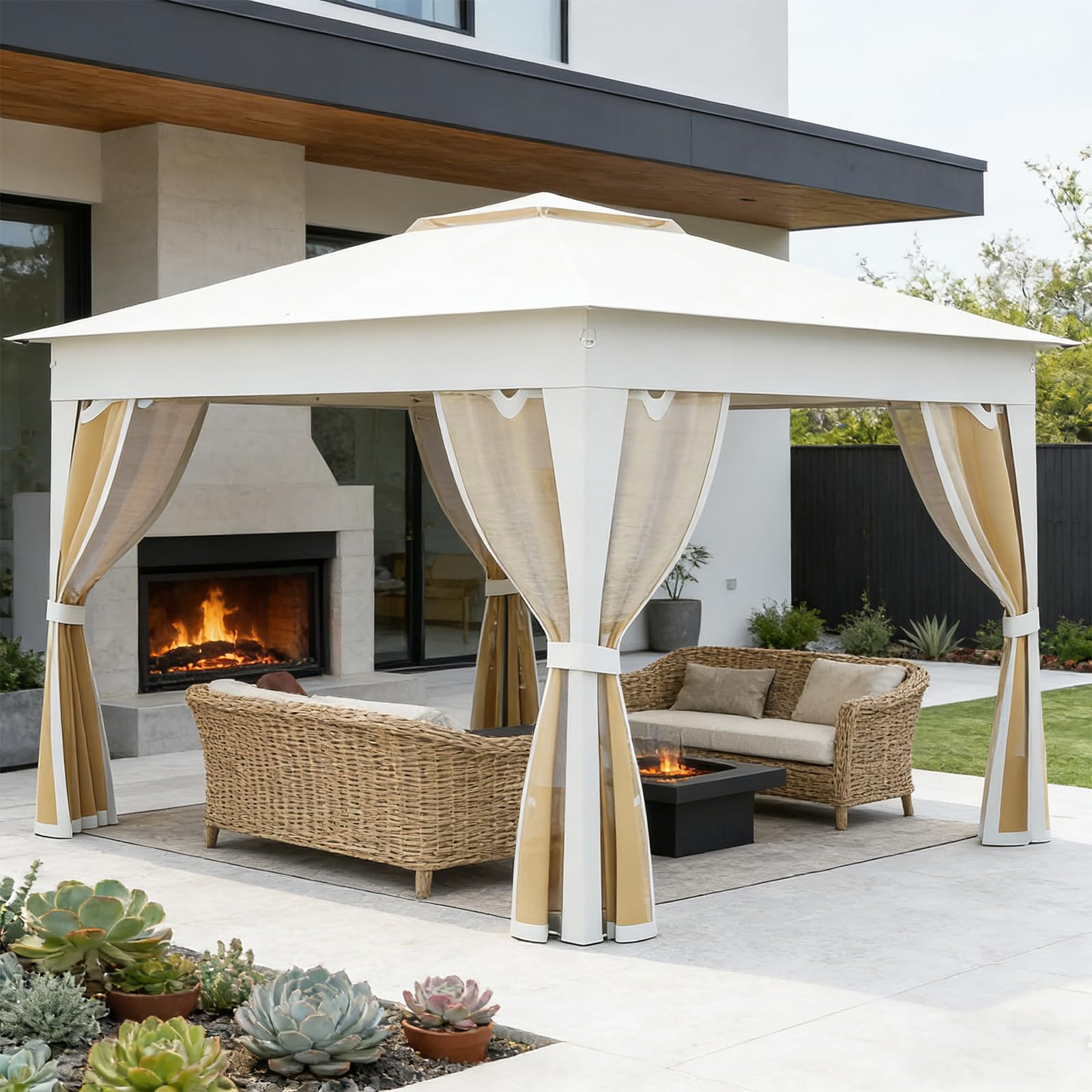RELAX4LIFE Tonnelle Pliante 3x3 avec Moustiquaires, Toit Ventilé Argenté, Protection Solaire, Sac Inclus, Beige