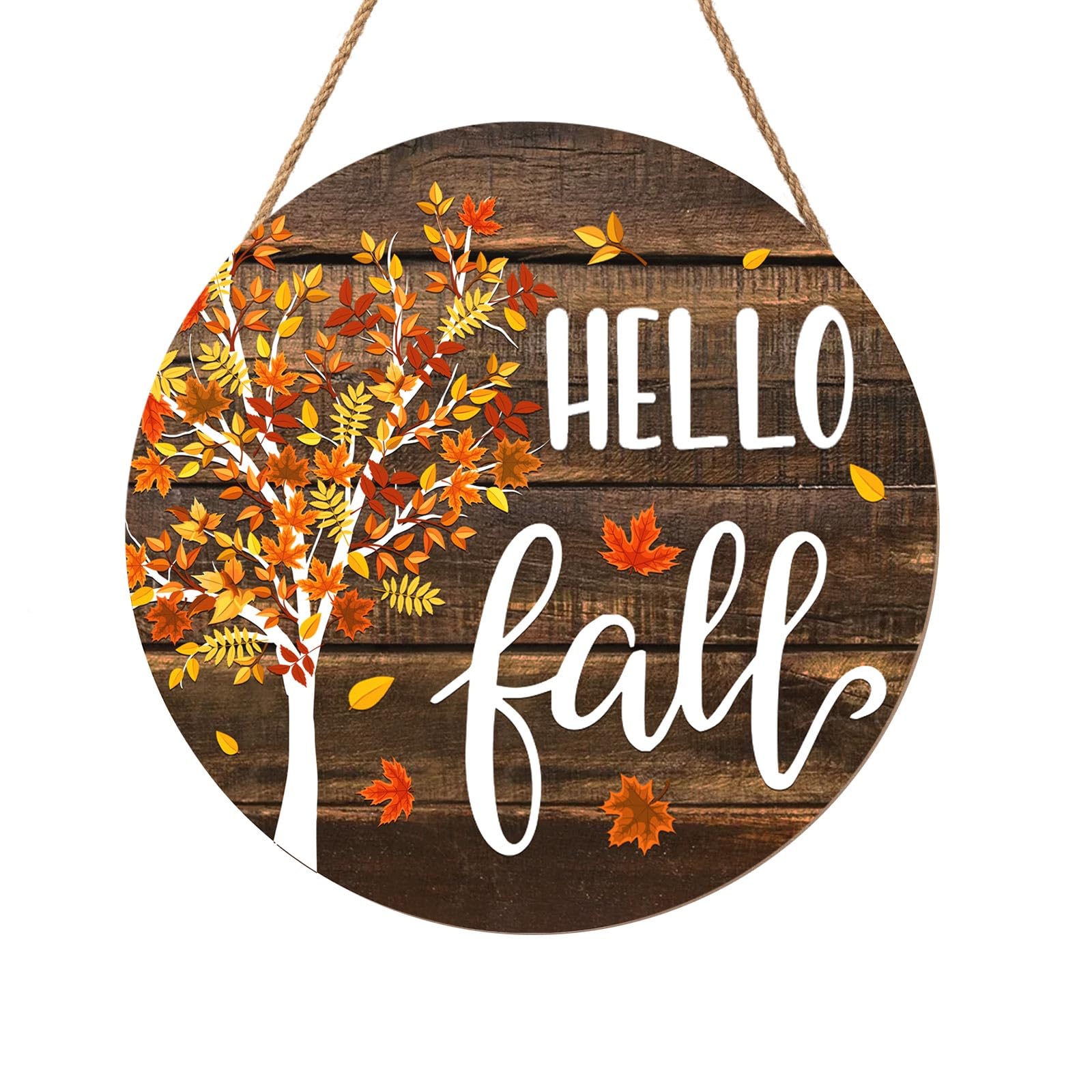 Hello Fall Wreath for Front Door Fall Tree Welcome Door Sign 12x12 Inch Autumn Maple Leaves Metal Door Hanger Farmhouse Thanksgiving Hanging Plaque for Home Porch Wall Indoor Outdoor Decorations